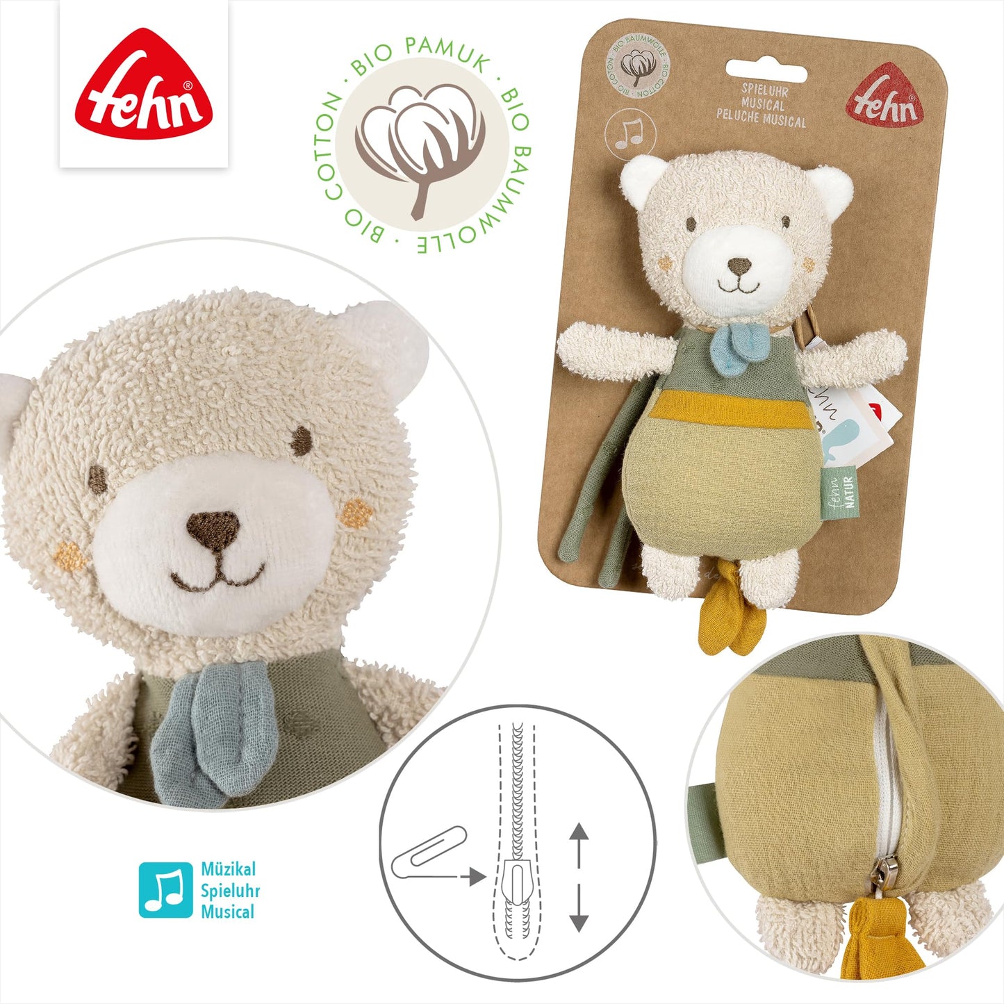 Fehn Mini-Spieluhr Otter – Kuscheltier & Einschlafhilfe: Aufzieh-Spieluhr mit sanfter Melodie Brahms Wiegenlied beruhigt in jeder Situation – für Babys und Kleinkinder ab 0+ Monaten