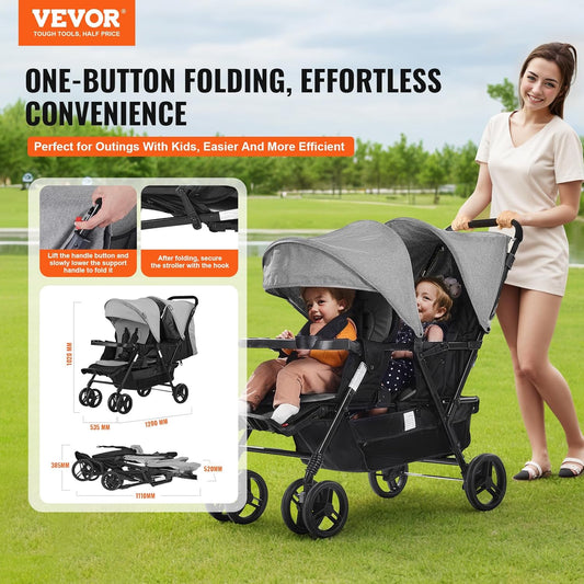 VEVOR Sibling Stroller, Foldable Twin Pushchair with Tandem Seat, Adjustable Backrest/Footrest, Seat Belt, Storage Basket and Tray, for Newborn and Toddlers (Dark Grey)