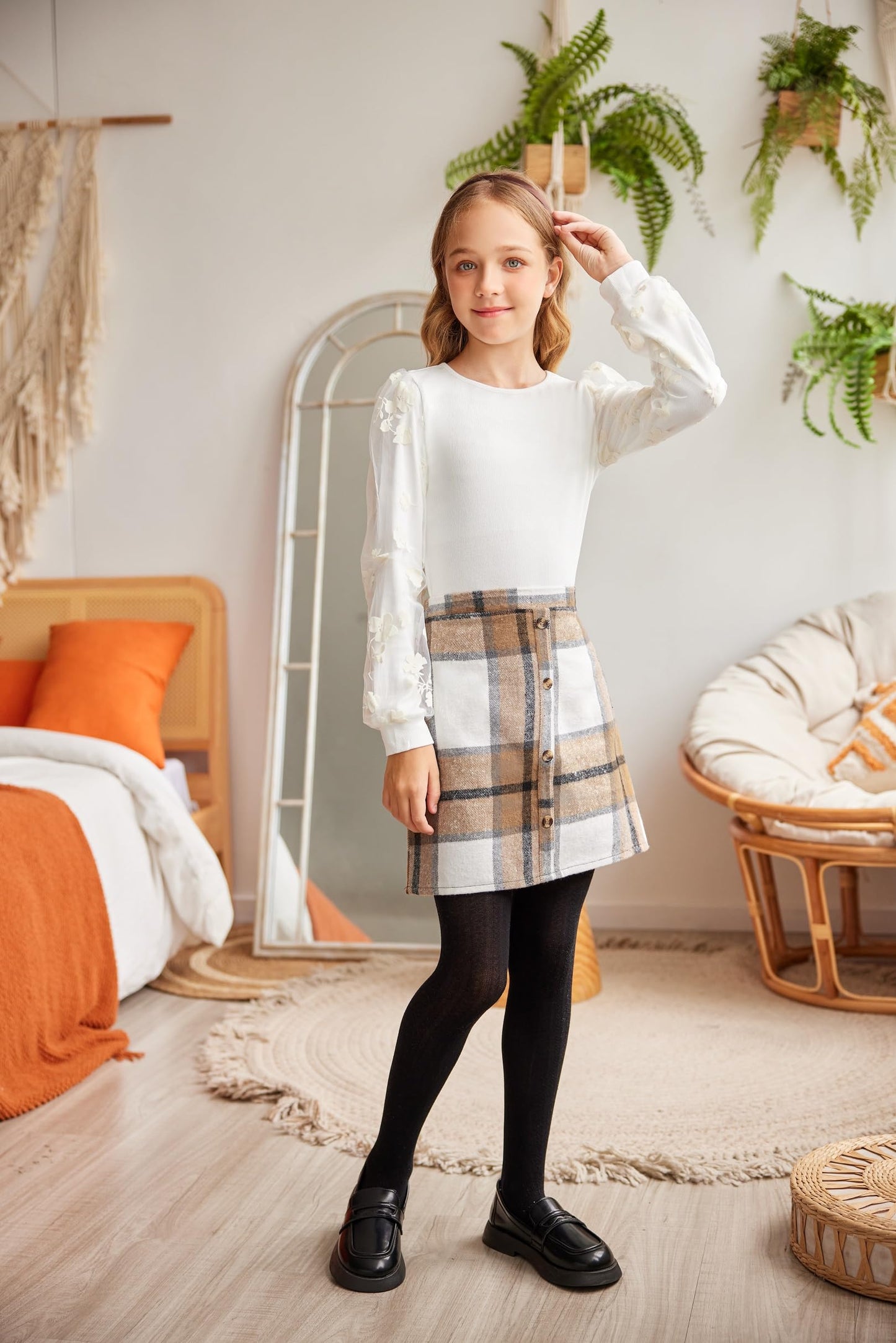 Arshiner Girls' Clothing Sets Elegant Long Sleeve Shirt with Skirt Set Children's Autumn Winter Outfit Checked Leisure Fashion Two Piece Clothing Sets for Girls 5-13 Years
