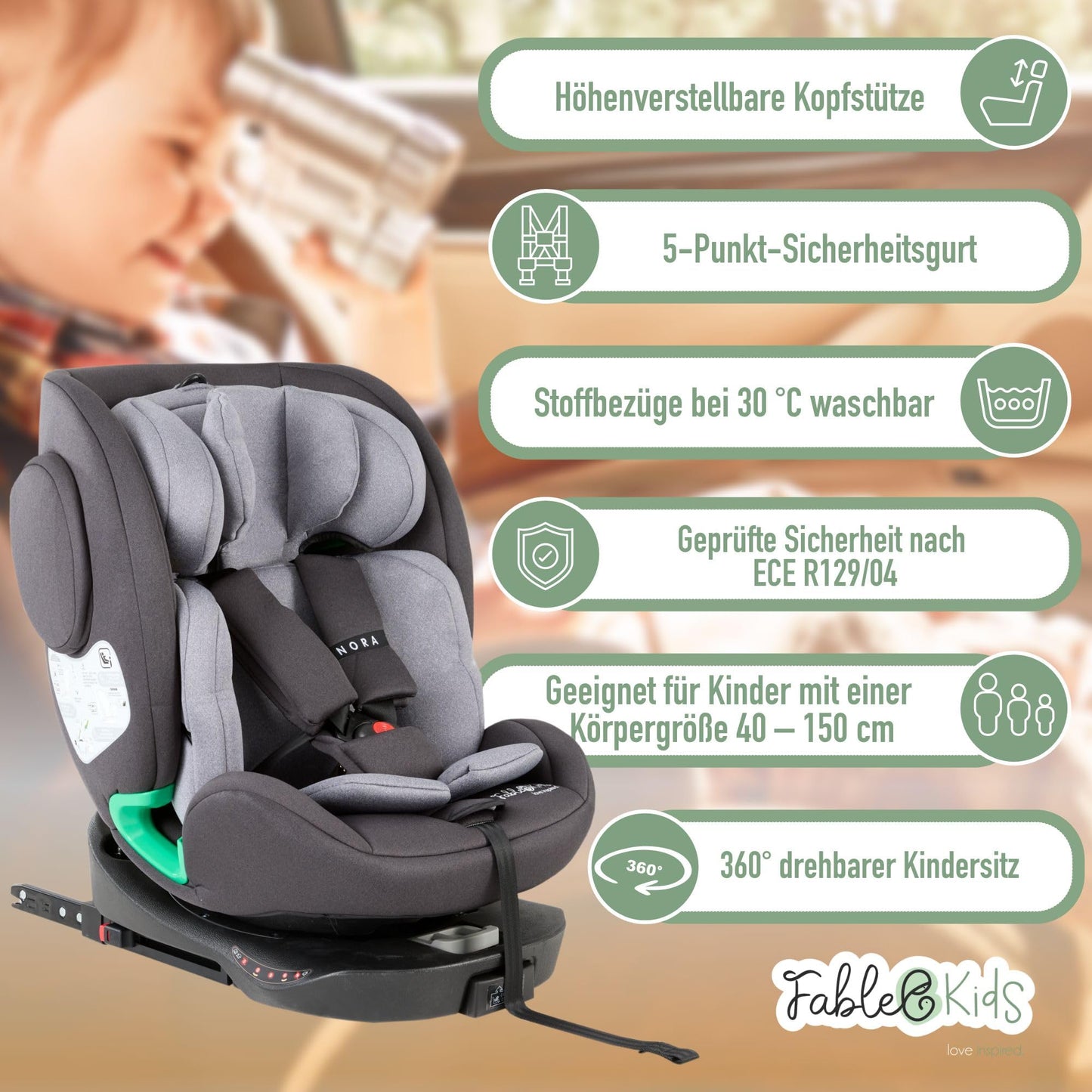 FableKids NORA Kindersitz Grau | 360° drehbarer i-Size Autokindersitz 40–150 cm | Reboarder mit ISOFIX & Stützbein | höhenverstellbare Kopfstütze & Rückenlehne | ECE R129/04 zertifiziert - Meloni2