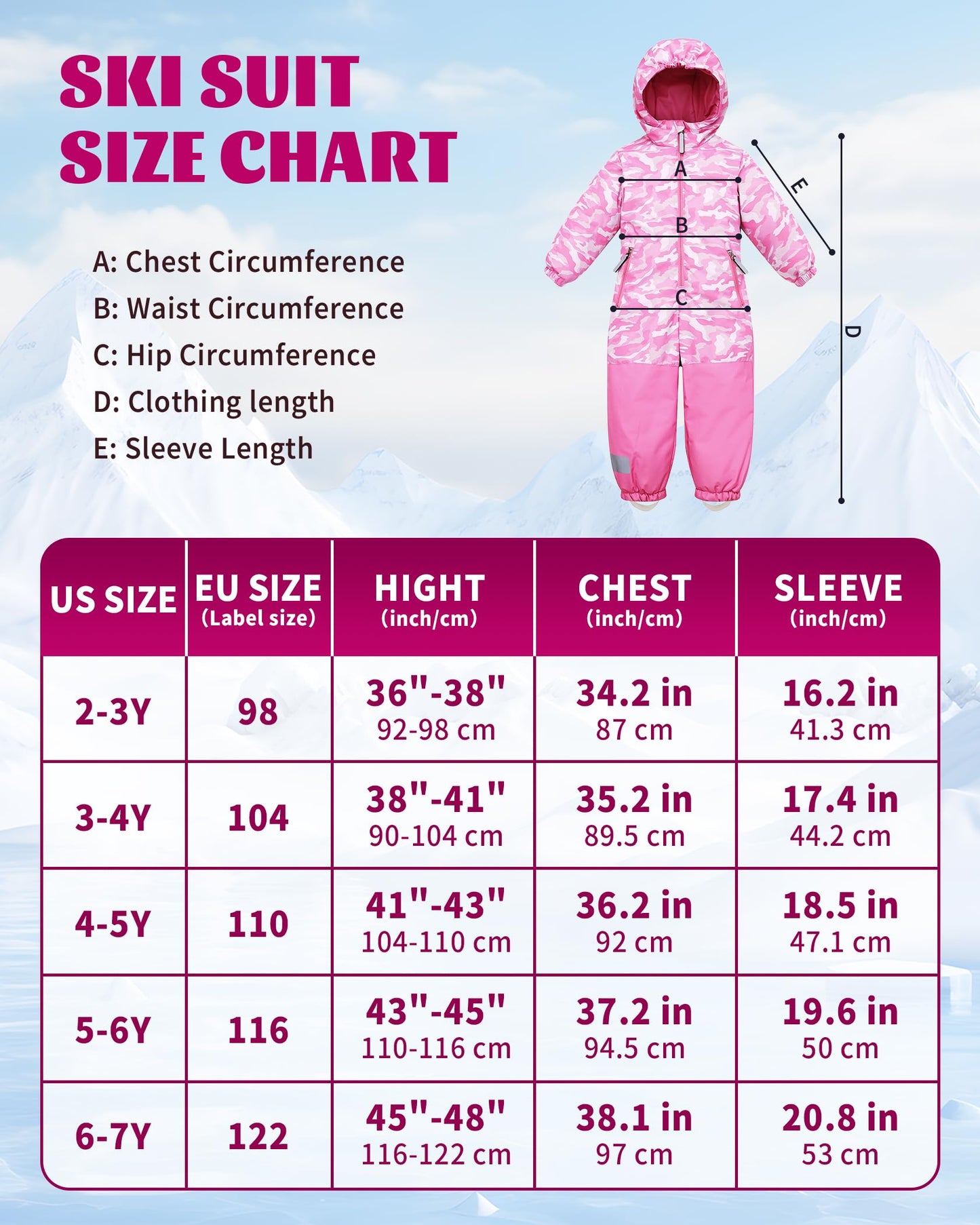 Owntop Children's Unisex Snow Suit Girls Boys Windproof Waterproof Ski Suit with Hood Zip 98-122