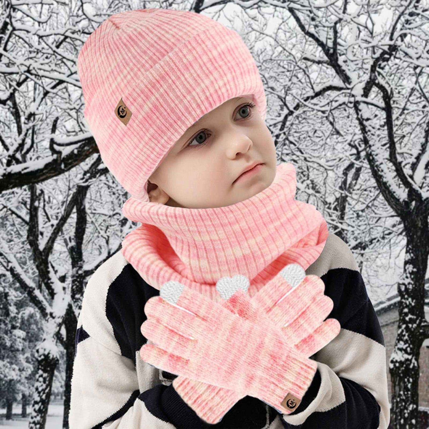 MARUKO Children's Winter Hat Scarf Gloves Set 3 in 1, Toddler Knitted Beanie Neck Warmer, Thick Fleece Thermal Knit Hat Scarf Gloves Set for Children Aged 2-8