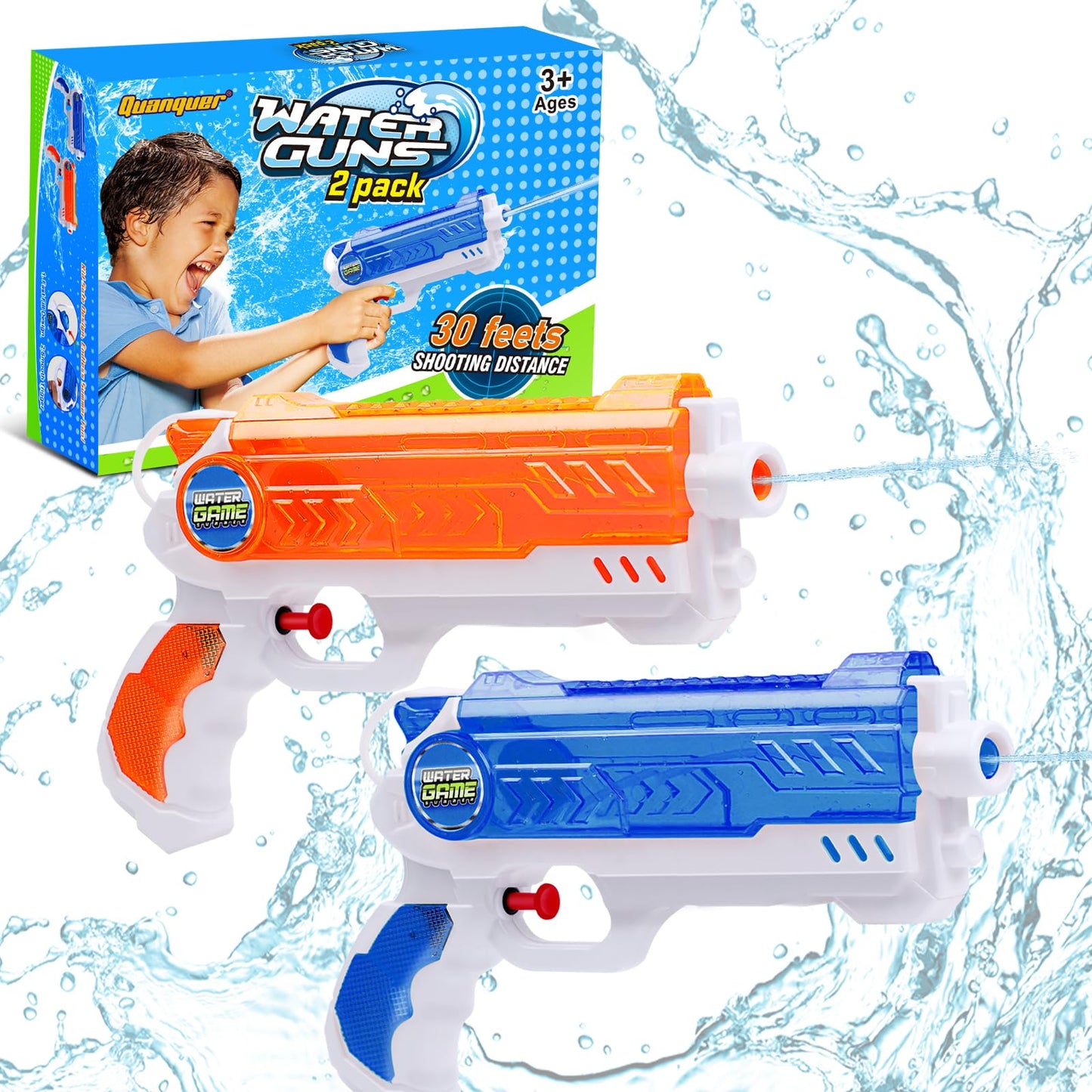 Quanquer Wasserpistole Kinder 280ML wasserpistolen mit 9 Meter Reichweite Outdoor Garten Strand Sommer Party Schwimmbad Spiele Spielzeug für Jungen Mädchen (2 Pack)