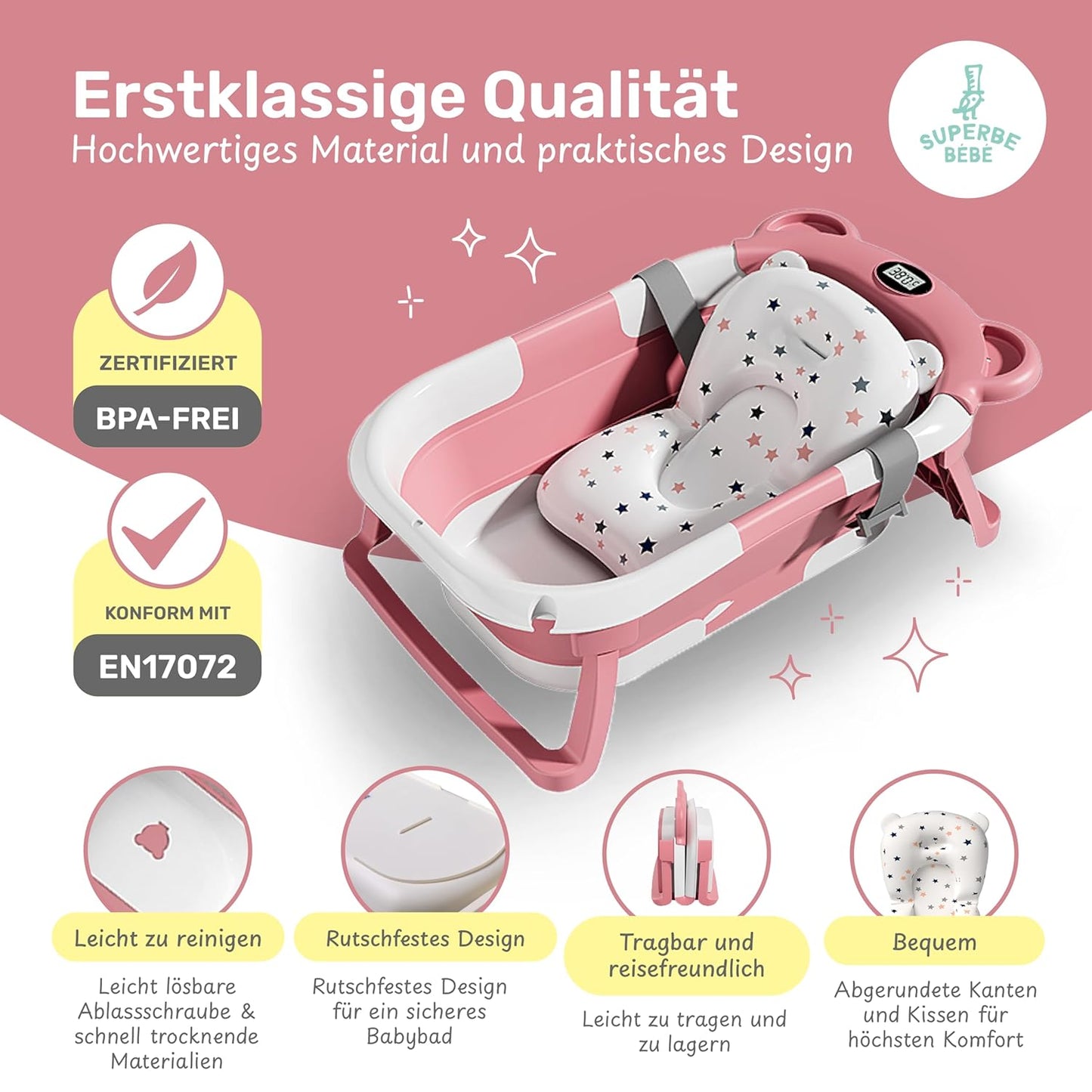 Faltbar Baby Badewanne Mit Rutschfestem Badewannensitz - Babywanne Xxl Mit Badethermometer - Von Der Geburt Bis 3 Jahre - Baby Bathtub - Babygeschenk - Geburtsgeschenke Für Mädchen & Jungen
