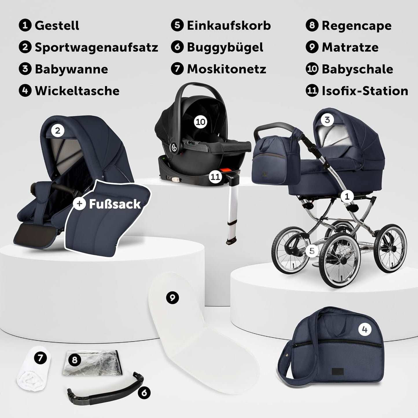 Bergsteiger Venice Nostalgia 4-in-1 Combination Pushchair - Baby Carrycot, Sports Seat, i-Size Baby Seat & Isofix Station, Pneumatic Tyres, Height Adjustable, Foldable, Accessories