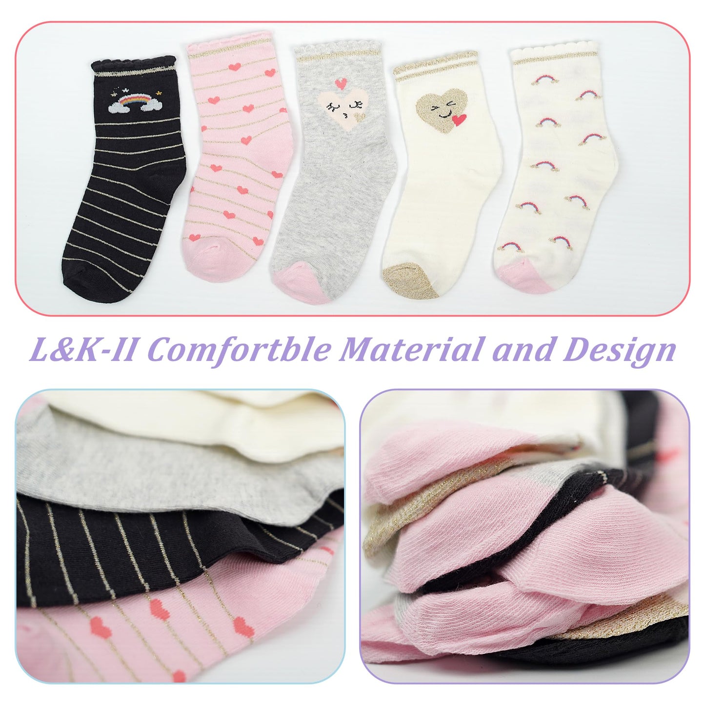 L&K-II 10/12 Paar Kinder Mädchen Socken mit niedlichen Herzmustern Kids Füßlinge Sneakersocken bunt 2825