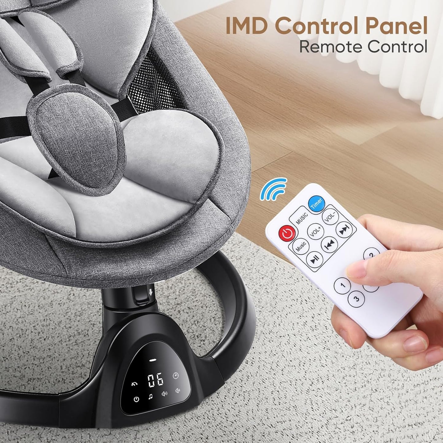 Kiloston Elektrische Wippe Baby - Babyschaukel Elektrisch mit APP- und Bluetooth-Steuerung, 5-Punkt-Sicherheitsgurt, 5 Geschwindigkeiten und Fernbedienung - Tragbare Babywippe Neugeborene