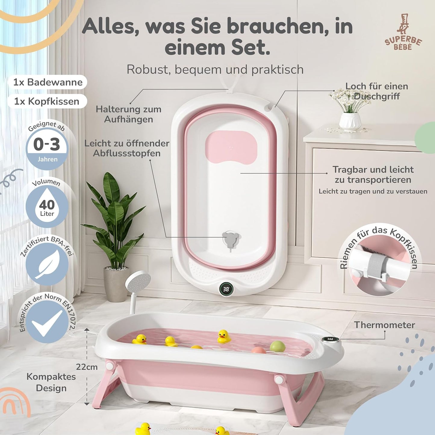 Faltbar Baby Badewanne Mit Rutschfestem Badewannensitz - Babywanne Xxl Mit Badethermometer - Von Der Geburt Bis 3 Jahre - Baby Bathtub - Babygeschenk - Geburtsgeschenke Für Mädchen & Jungen