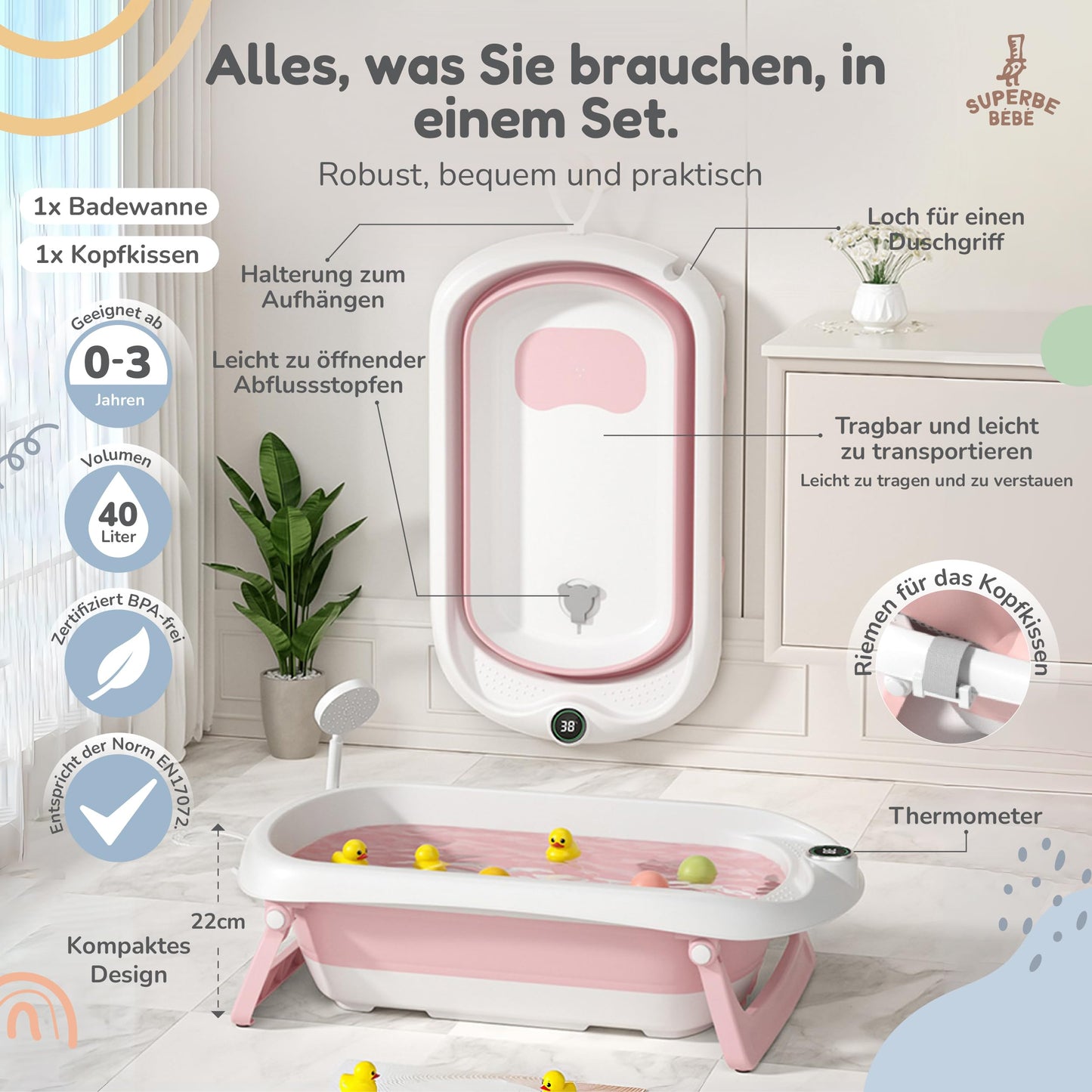 Faltbar Baby Badewanne Mit Rutschfestem Badekissen - Babywanne XXL Mit Baby Badewannensitz & Badethermometer - Von Der Geburt Bis 3 Jahre - Baby Bathtub - Geburtsgeschenke Für Mädchen & Jungen