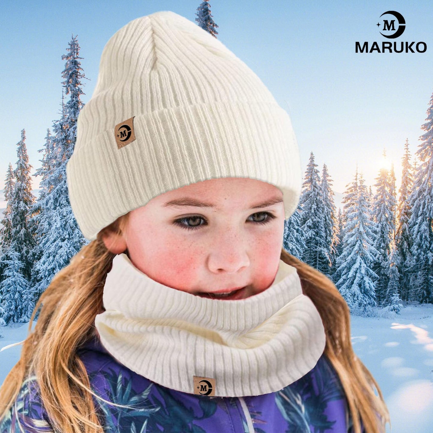 MARUKO Children's Winter Hat Scarf Gloves Set 3 in 1, Toddler Knitted Beanie Neck Warmer, Thick Fleece Thermal Knit Hat Scarf Gloves Set for Children Aged 2-8