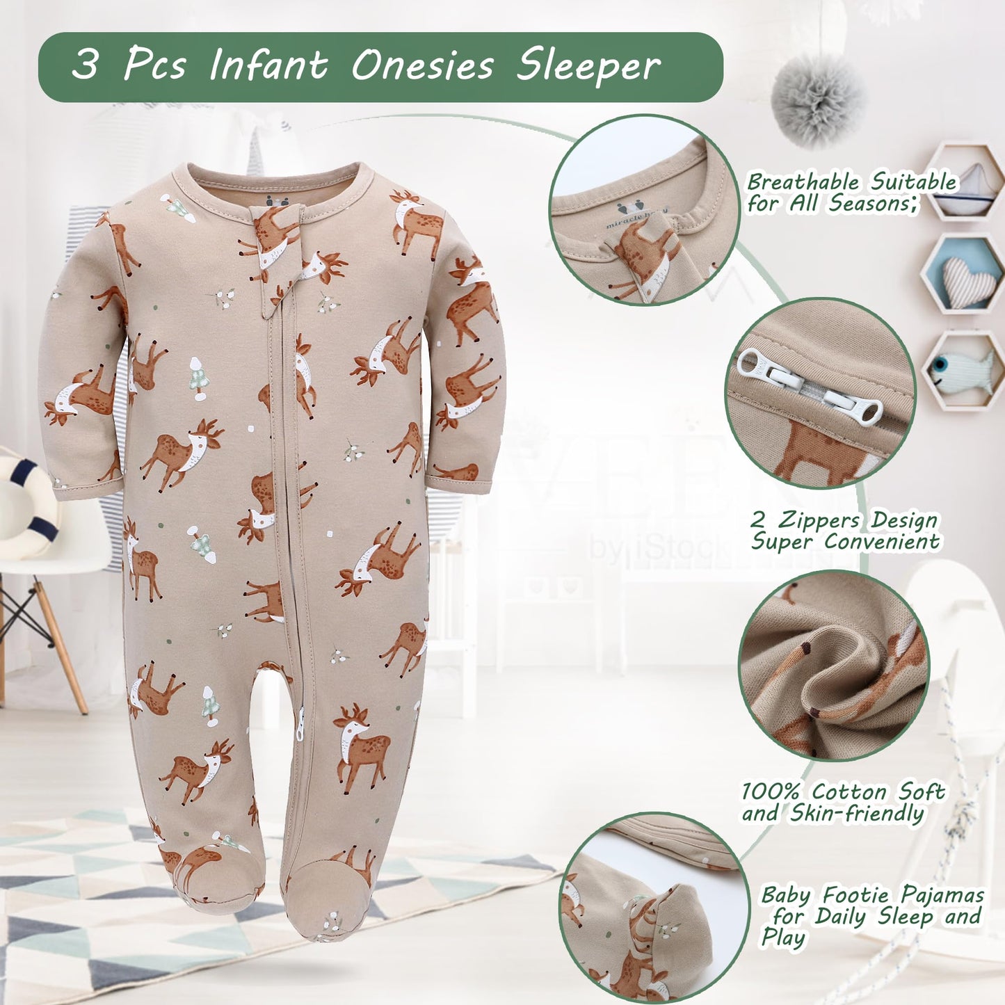 Newborn Baby Boys Girls Rompers with Foot Baby Pajamas One-Piece Long Sleeve Jumpsuit Infant Spring Autumn Bodysuit, 3 Pack