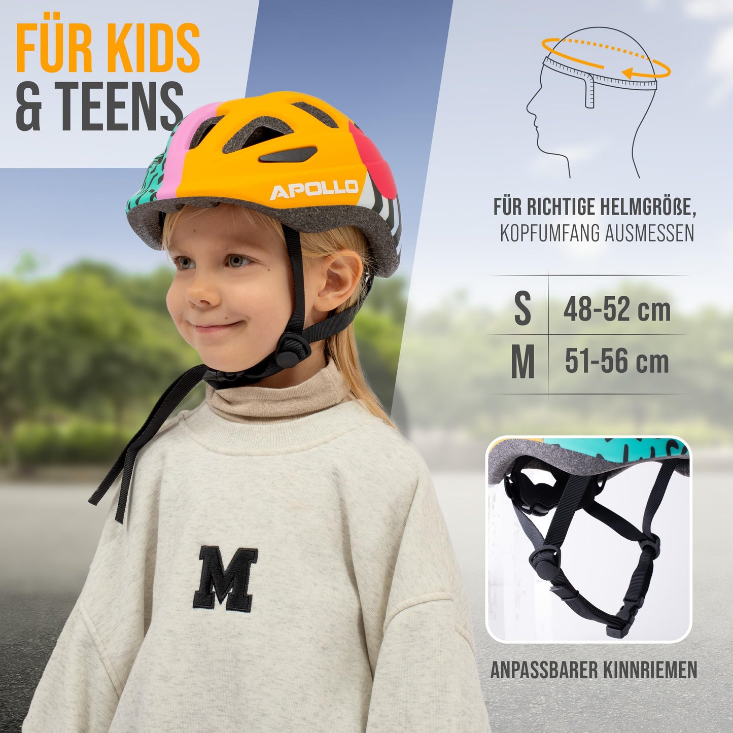Apollo Kinder Fahrradhelm, Helm für Kinder & Jugendliche, Multisport Helm, Fahrradhelm Mädchen, Fahrradhelm Jungen, Kinderhelm ab 3 Jahre, Verstellbarer Kinder-Helm, ab Größe 48, für Fahrrad & Roller