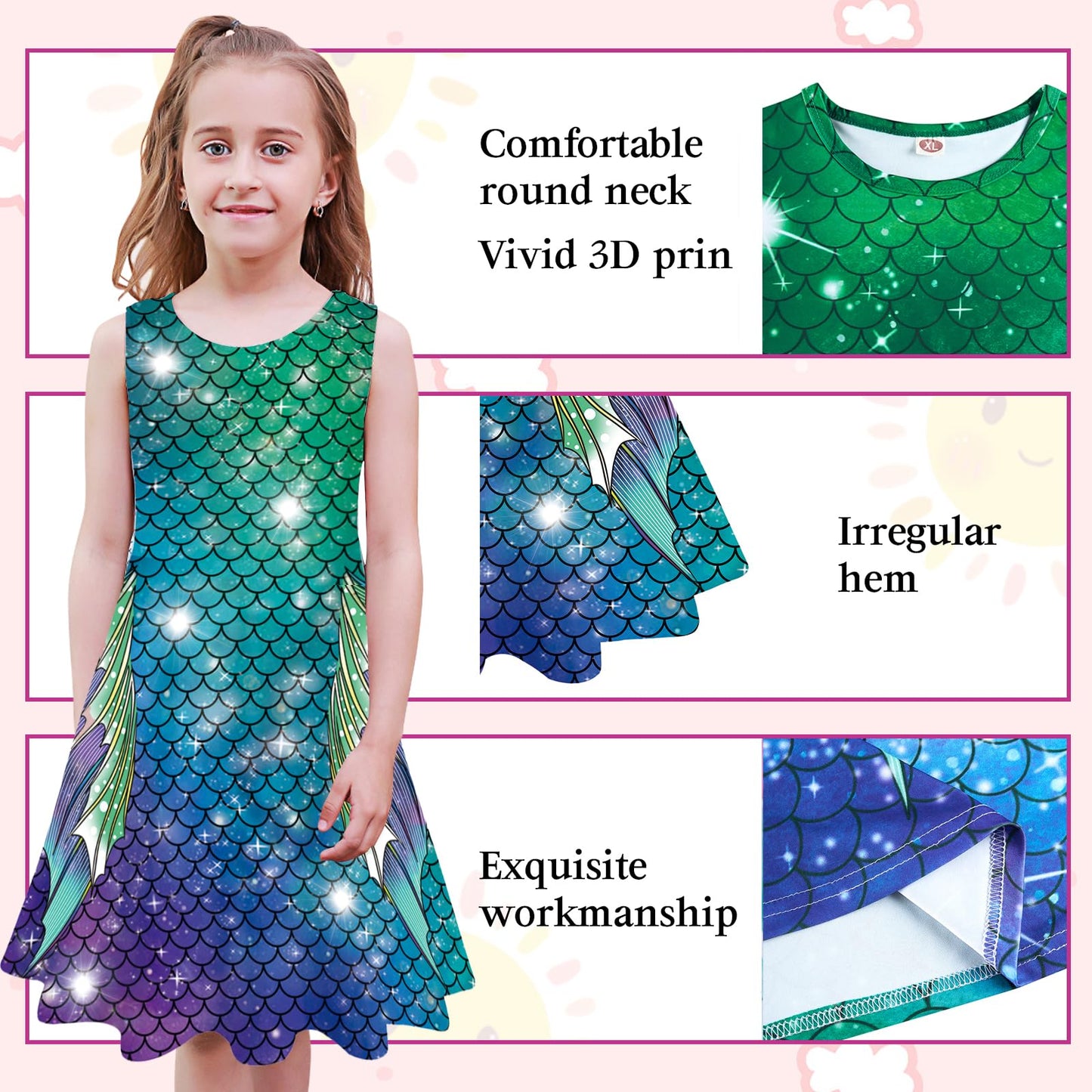kids4ever Mädchen Kleid Ärmellos Sommerkleid Rundhals A-Linie Swing Kleid Meerjungfrau Galaxie Prinzessin Party Geburtstag 4-12 Jahre