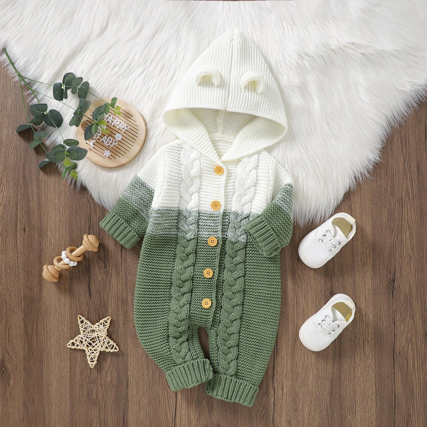 OBEEII Newborn Baby Knitted Romper Jumpsuit with Hood Ear Onesies Pullover Winter Warmer Onesie Bodysuit for Boys Girls