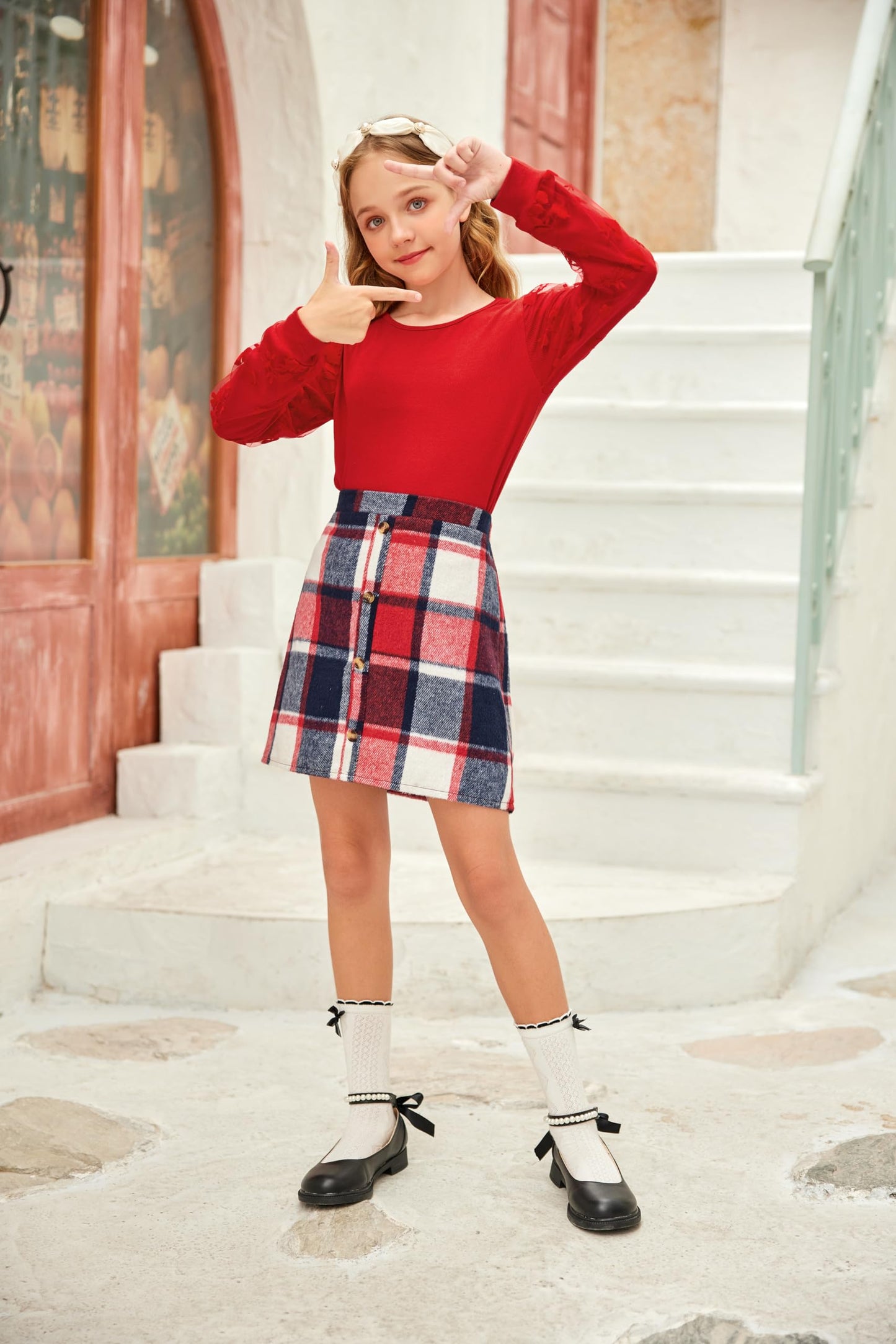 Arshiner Girls' Clothing Sets Elegant Long Sleeve Shirt with Skirt Set Children's Autumn Winter Outfit Checked Leisure Fashion Two Piece Clothing Sets for Girls 5-13 Years