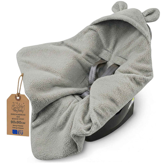 Kuschelige Boucle Einschlagdecke für Babyschale & Kinderwagen – warme Babydecke beidseitig mit Kapuze für Neugeborene – Premium Teddy für den Winter 90×90 cm Hellgrau