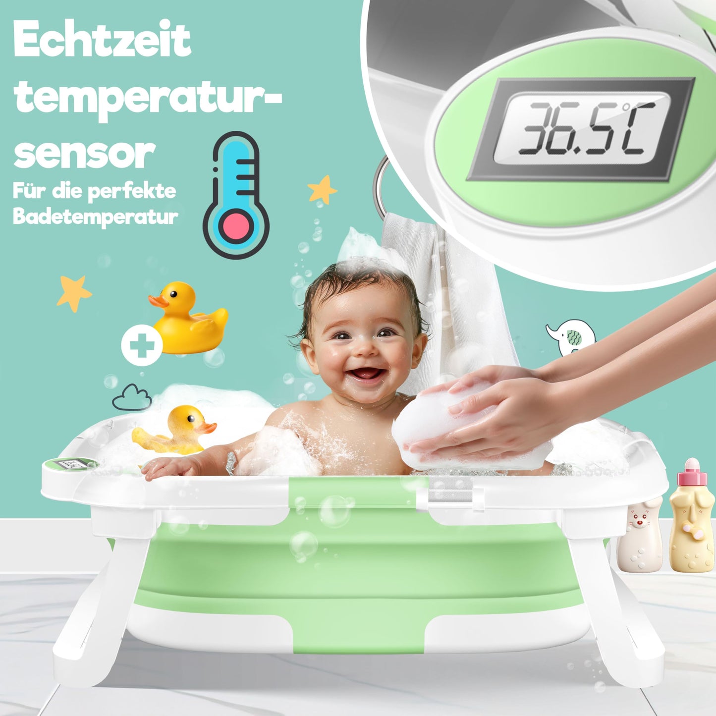 KIDIZ® Baby Bathtub, Baby Bathtub, Space-Saving & Foldable, Bath Tub, Shower Tray for Newborns, Toddlers, 0-24 Months, Portable Travel Shower for Babies, Ergonomic Bathtub with Thermostat and