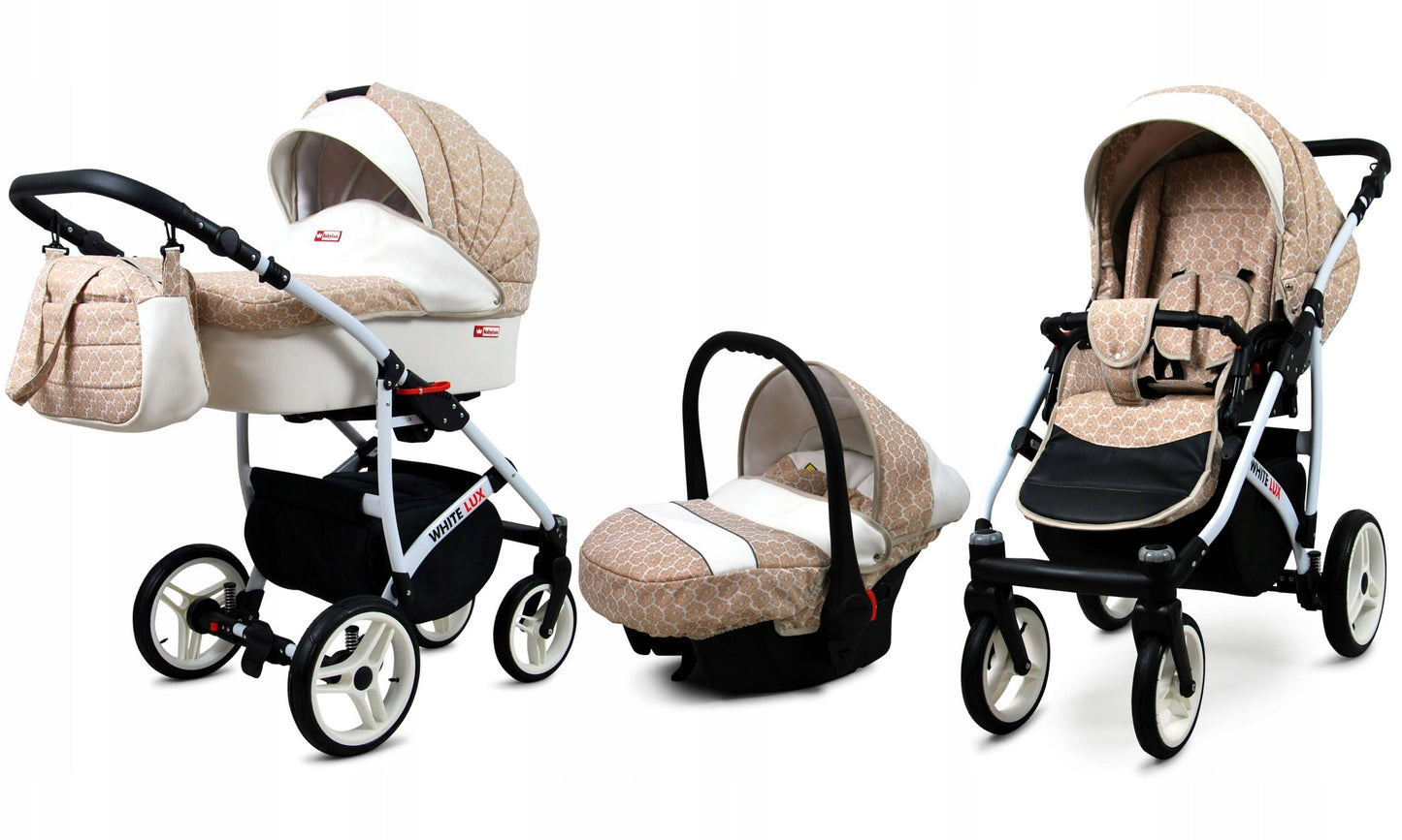 BabyLux® Bambimo Kinderwagen Set 3 in 1 - White Lux - incl. Babywanne, Buggy Sportsitz, Auto-Babyschale - Autositz - Kinderwagenset - Kombikinderwagen mit Wickeltasche, Regenschutz usw.
