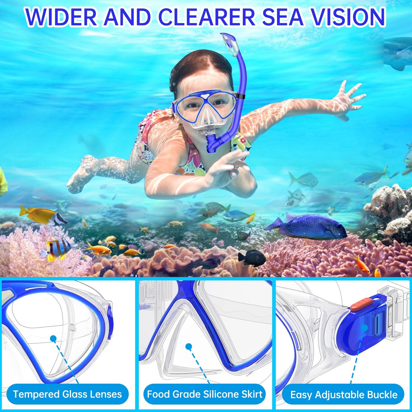 JEMULICE Taucherbrille Kinder, Schwimmbrille Kinder Schnorchelmaske für Jungen Mädchen, Tauchmaske mit Nasenabdeckung 180°Panorama HD Anti Nebel Anti-Leck Schwimmmaske für Kinder 4-16 Jahre
