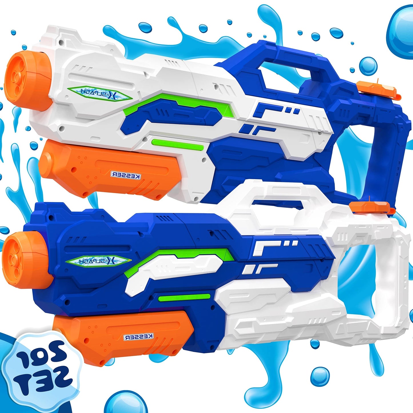 KESSER® Wasserpistole 2er Set Wasserpistolen Spritzpistolen Reichweite 10-11 Meter, Fassungsvermögen 1500ml Wasserspaß Strand Spielzeug im Freien für Kinder und Erwachsene Strandpool, Blau/Weiß