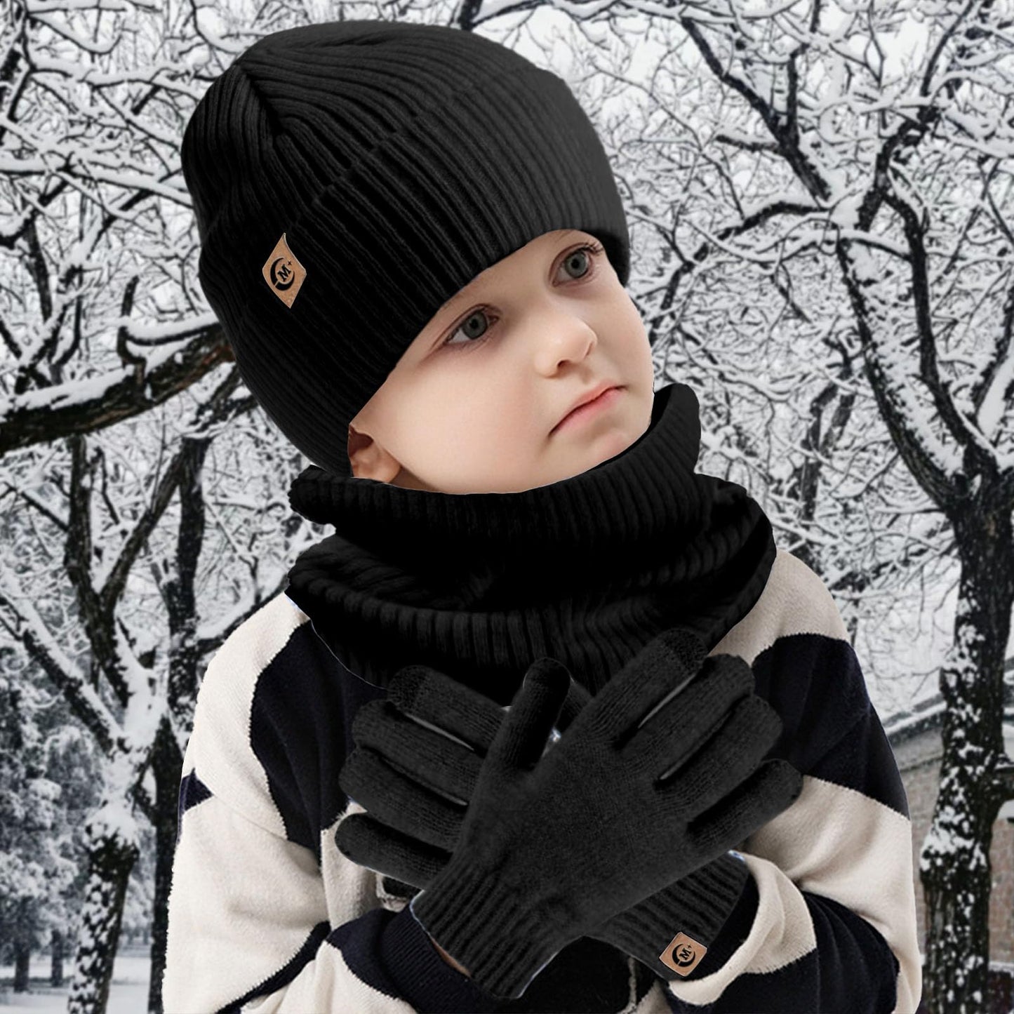 MARUKO Children's Winter Hat Scarf Gloves Set 3 in 1, Toddler Knitted Beanie Neck Warmer, Thick Fleece Thermal Knit Hat Scarf Gloves Set for Children Aged 2-8