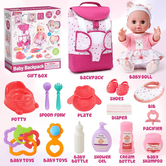 G.C Puppenzubehör Spielzeug Geschenk Mädchen, 36cm Babypuppe mit 12 Geräuschen & Wickeltasche Rucksack & Puppenkleidung & Töpfchen, Puppen Zubehör Geschenke für Mädchen 3 4 5 6 Jahre