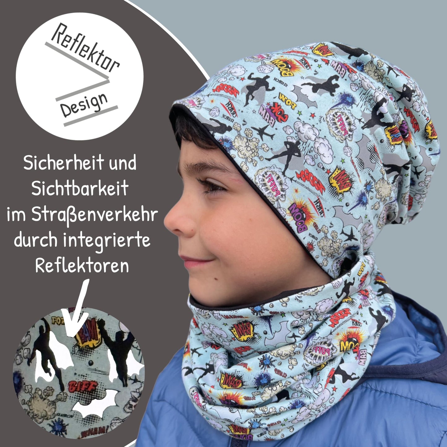 Heckbo 360° Reflector Children's Hat & Loop Scarf Set, Many Designs, 2–8 Years, 95% Cotton, Soft & Easy-Care Stretch Material, for Boys, Girls, Beanie for Spring, Summer, Autumn, Winter