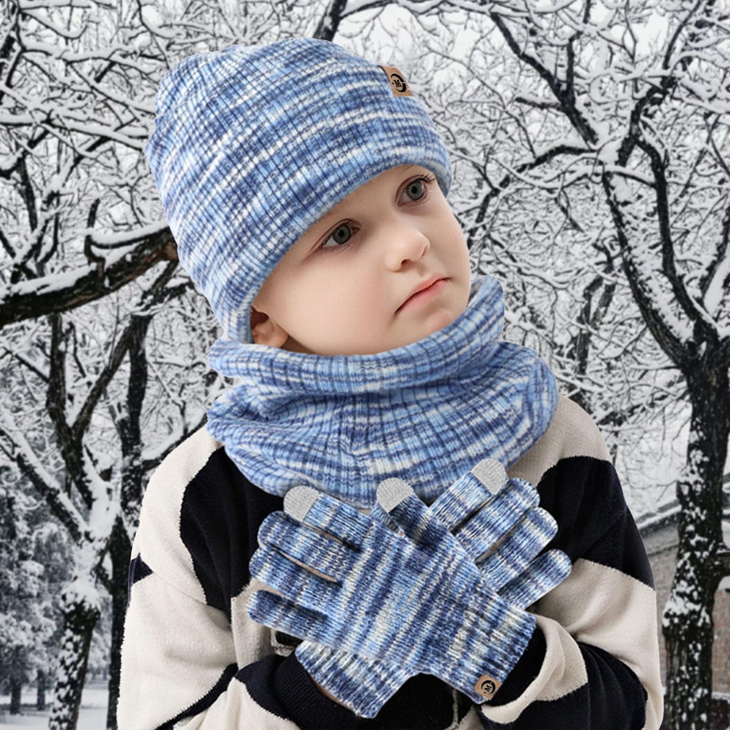 MARUKO Children's Winter Hat Scarf Gloves Set 3 in 1, Toddler Knitted Beanie Neck Warmer, Thick Fleece Thermal Knit Hat Scarf Gloves Set for Children Aged 2-8