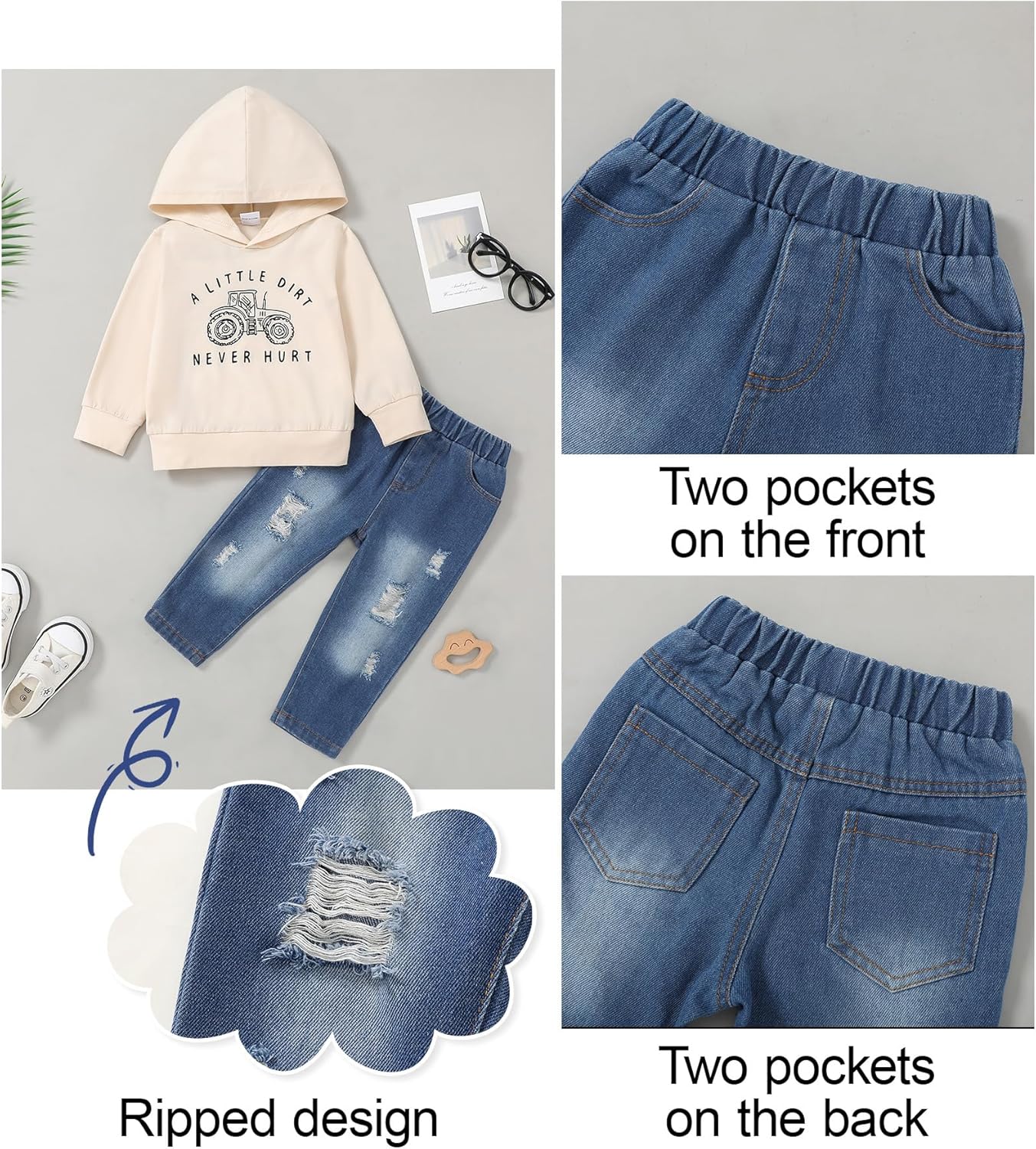 SOLOYEE Baby Boys Outfits Clothing Sets Toddler Clothing Boy 1-5 Years Letter Pattern Long Sleeves with Hood Sweatshirt and Baby Jeans Boy 2-Piece Set