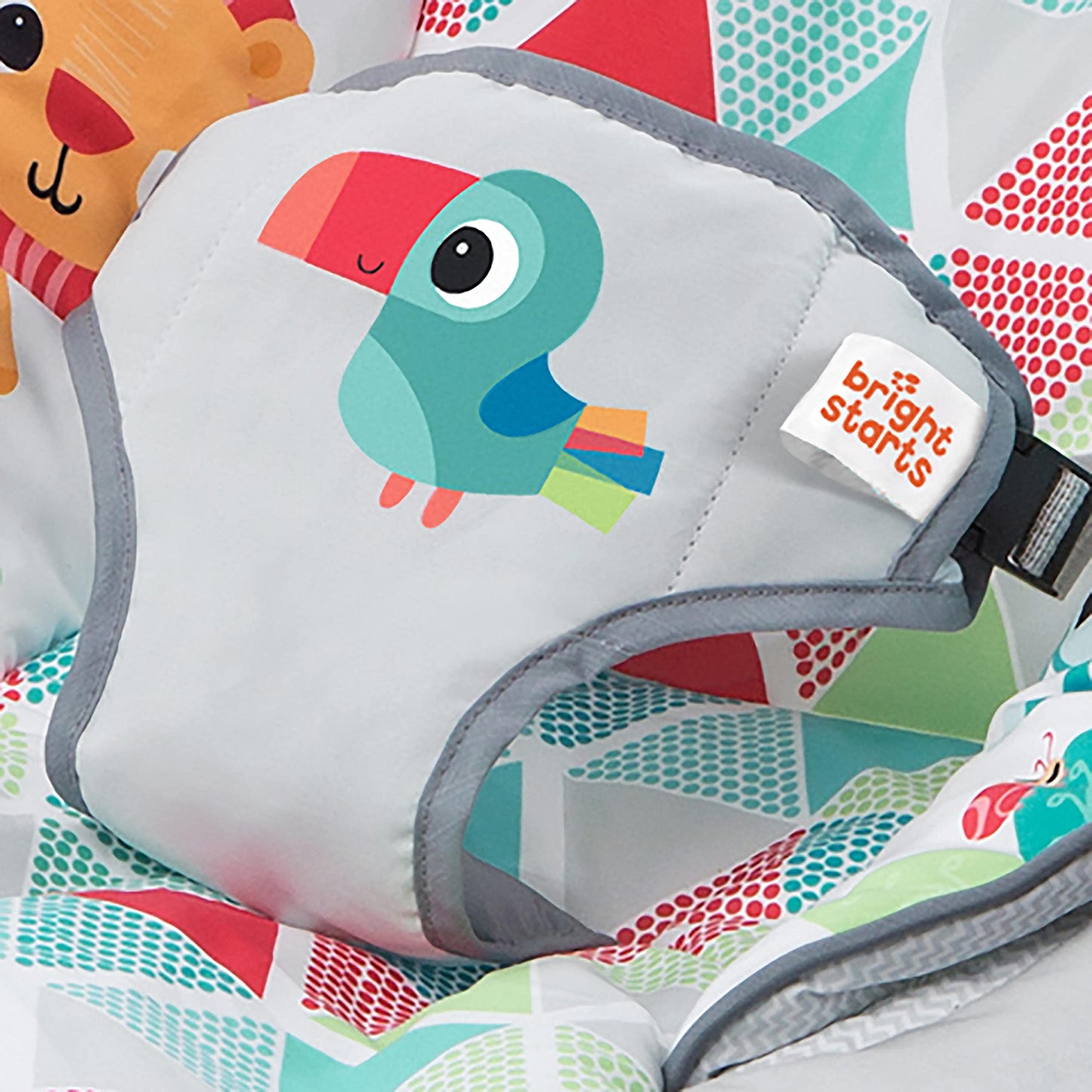 Bright Starts, Babywippe Babyschaukel Safari Fun mit Beruhigenden Vibrationen, Spielbogen mit 2 Spielzeugen, 3-Punkte-Gurt Sitz, Maschinenwaschbares Sitzpolster, ab der Geburt bis 9kg