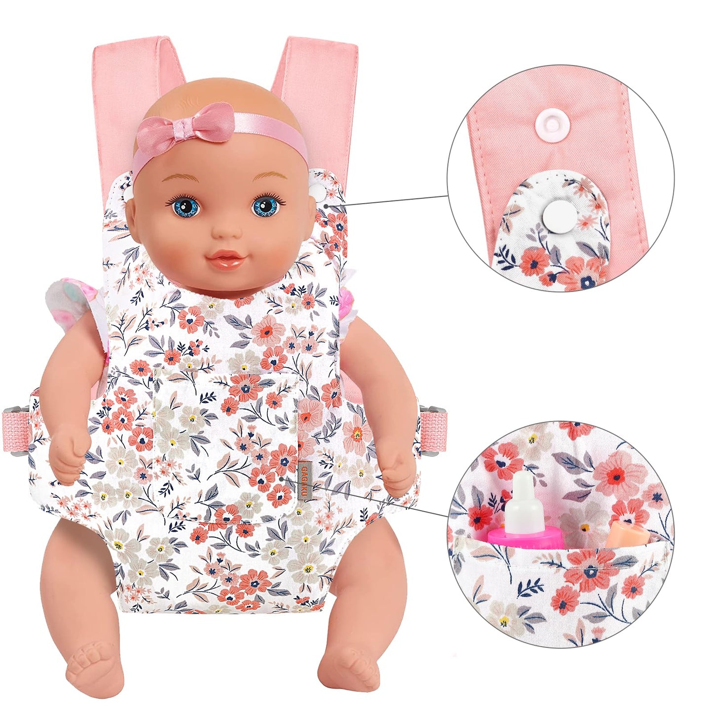 GAGAKU Puppentrage ab 3 Jahre Bauchtrage Babypuppen Zubehör Schultergurte Babytrage Puppe Kleinkind Puppentragetasche Stofftiertrage Kuscheltierträger - Rose - Kaninchengarten