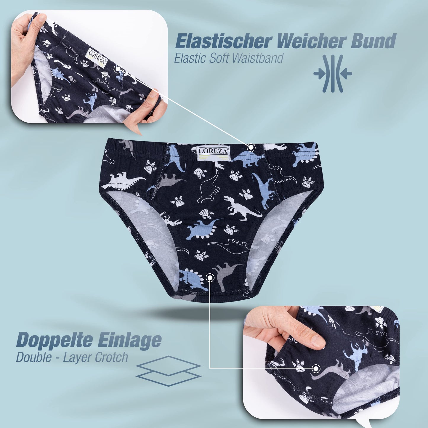 LOREZA ® 10er Pack Jungen Boxershorts Slips Dinosaurier Motiv Unterhosen Baumwolle