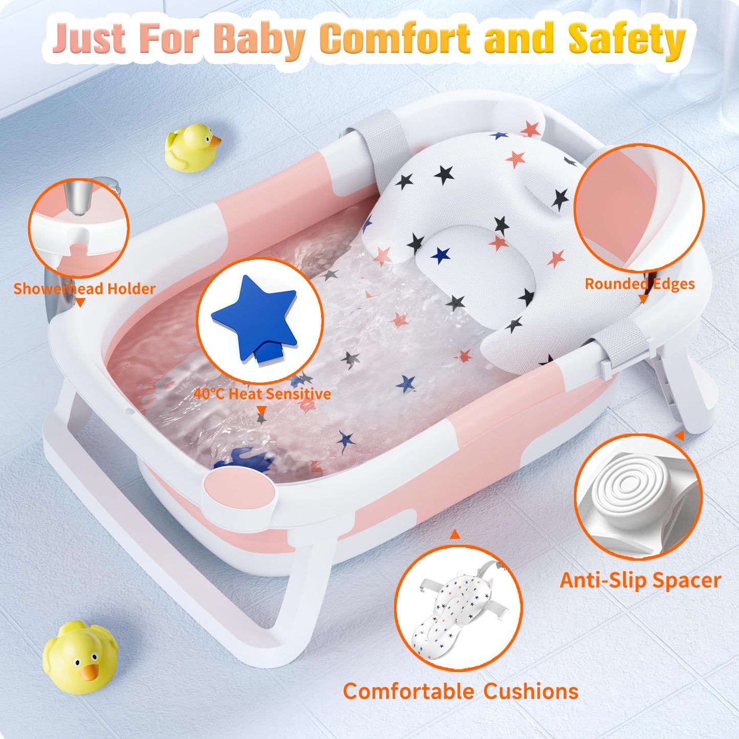 Rabb 1st Baby Badewanne Faltbare, Baby Bathtub Babywanne Faltbar Babybadewanne Tragbare Wanne für Neugeborene Kleinkinder mit Rutschfester Matte und Abflussloch (Kein Thermometer) (Grau)