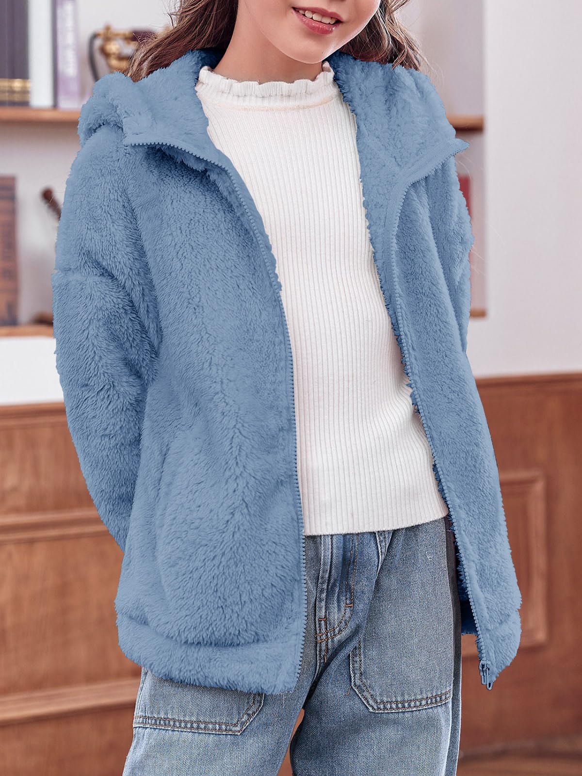 Haloumoning Girls' Fleece Jackets Kids Soft Fuzzy Hoodie Winter Coat Jacket