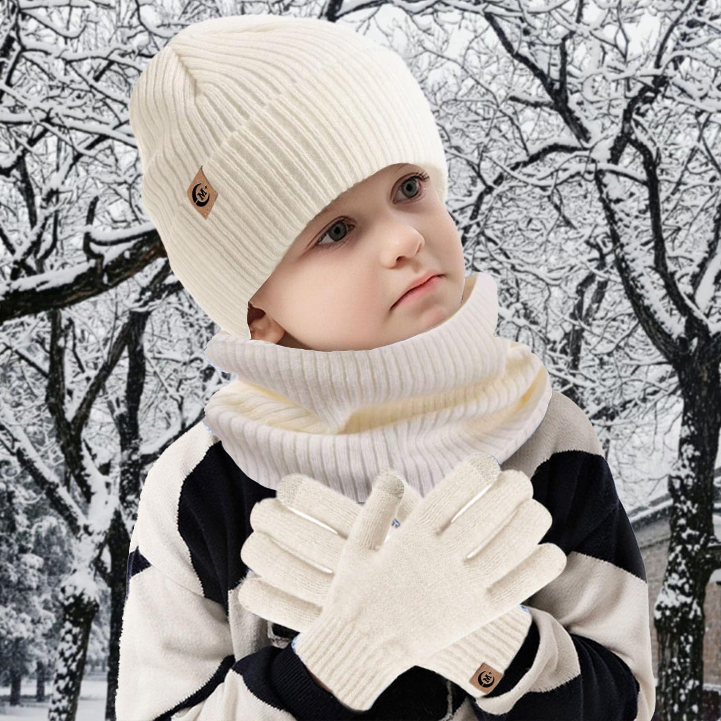 MARUKO Children's Winter Hat Scarf Gloves Set 3 in 1, Toddler Knitted Beanie Neck Warmer, Thick Fleece Thermal Knit Hat Scarf Gloves Set for Children Aged 2-8