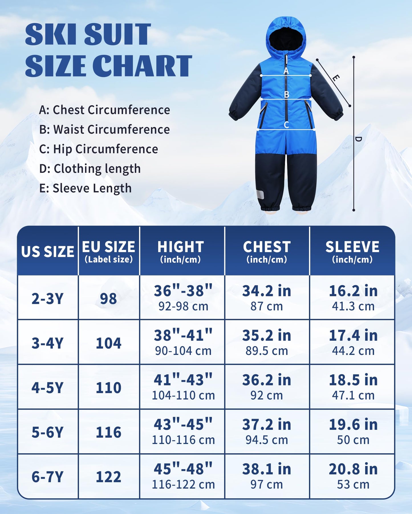 Owntop Children's Unisex Snow Suit Girls Boys Windproof Waterproof Ski Suit with Hood Zip 98-122