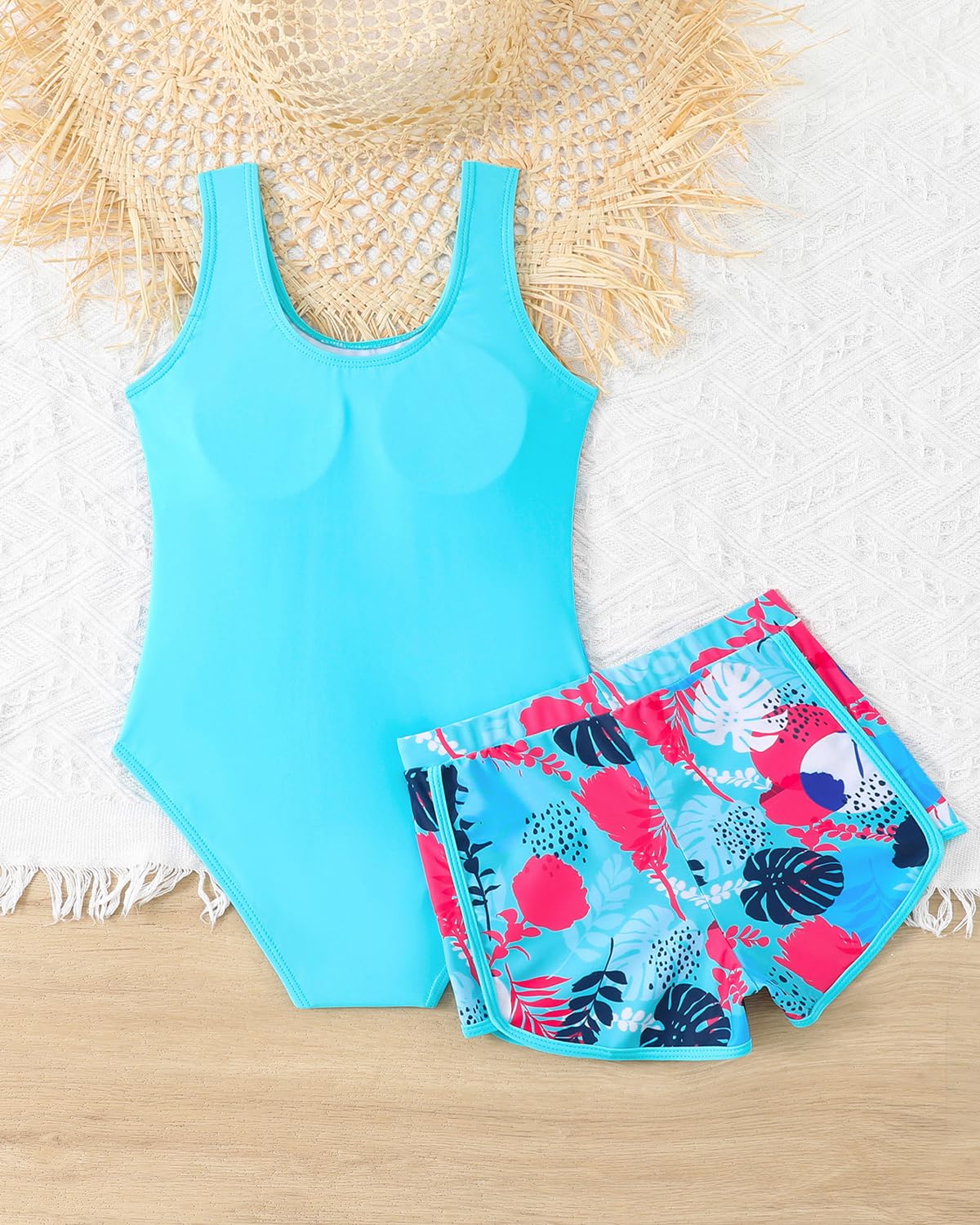 WYTbaby Badeanzug Mädche Einteiler Uv Badebekleidung ärmellose Bademode mit Shorts Tropischer Druck für Mädchen 7-14 Jahre