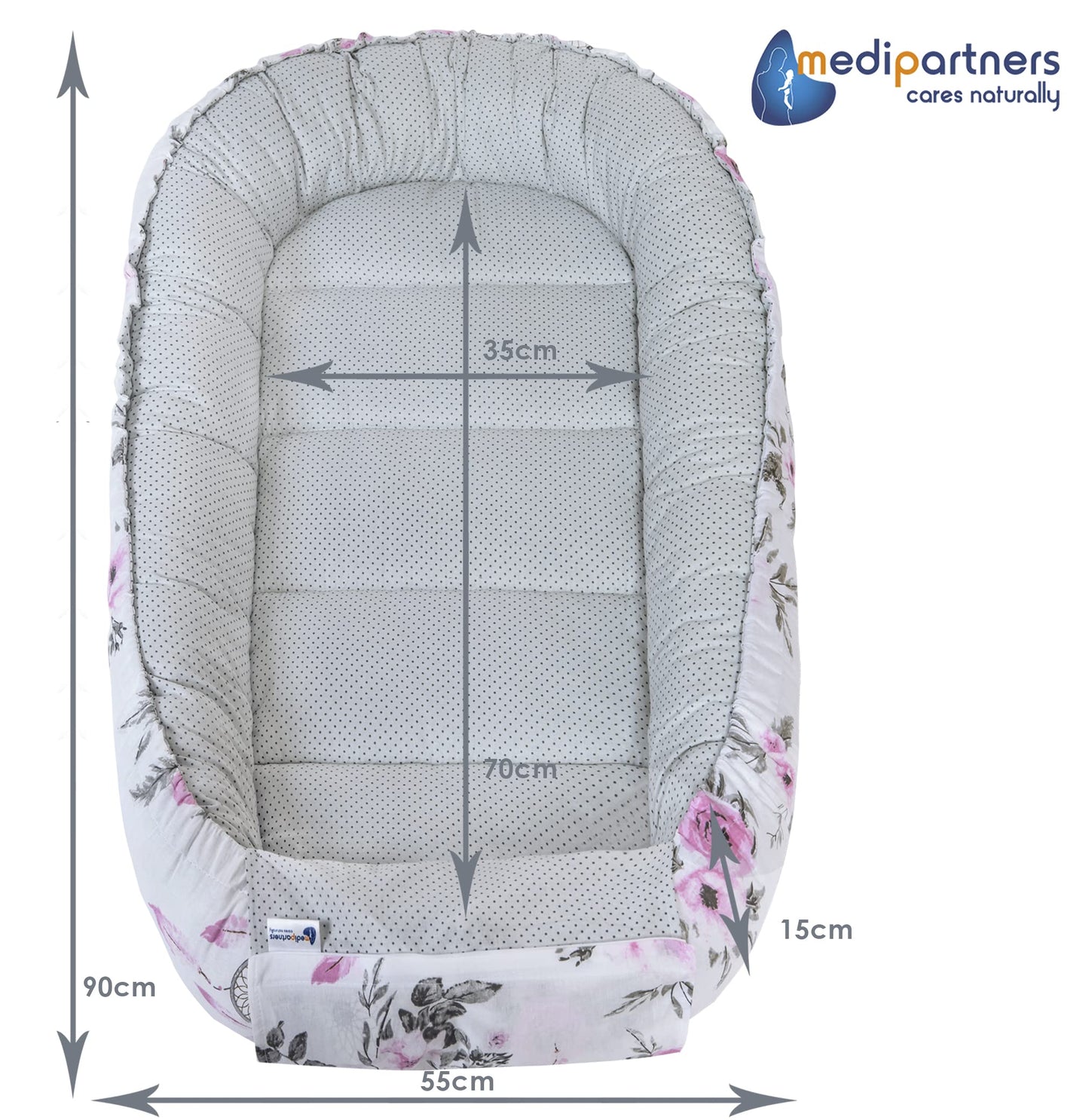 Medi Partners Babynestchen Babynest Set 100x60x15 Kuschelnest 5 teilig herausnehmbarer Einsatz Kokon Nestchen Babys Neugeborene 100% Baumwolle (REH mit Grauem Minky)