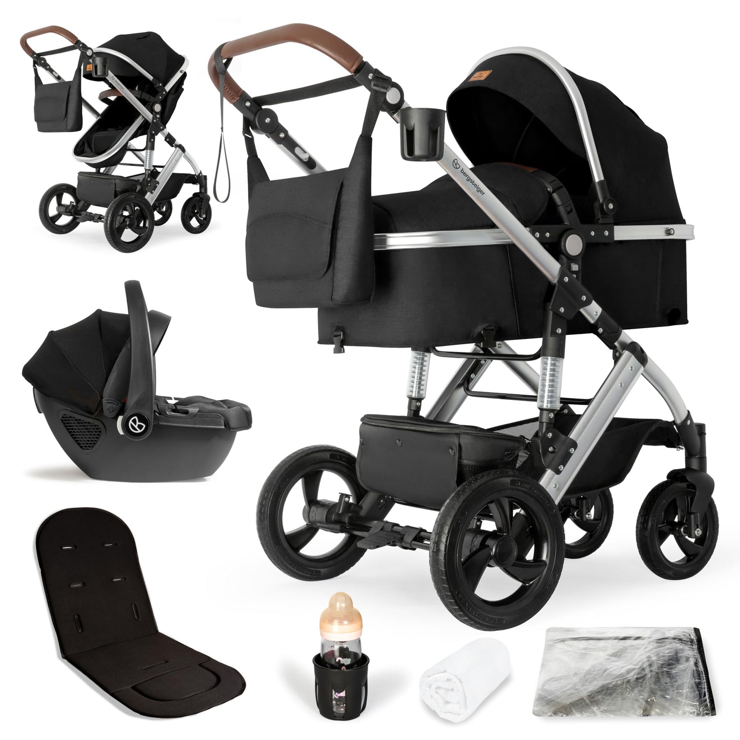 Bergsteiger Nizza 3 in 1 Kinderwagen, Kombikinderwagen Komplettset, Auto-Babyschale & Isofix Station, Babywanne & Buggy Sportsitz inklusive