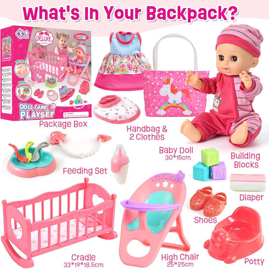 Tacobear Baby Puppe Zubehör Babypuppe Pflegeset Spielzeug,30cm Interaktive Puppen mit Sound, Puppenkleidung, Nippel, Windeln, Kinderbett, Hochstuhl, Spielzeug Geschenk für Mädchen 3 4 5 6 Jahre