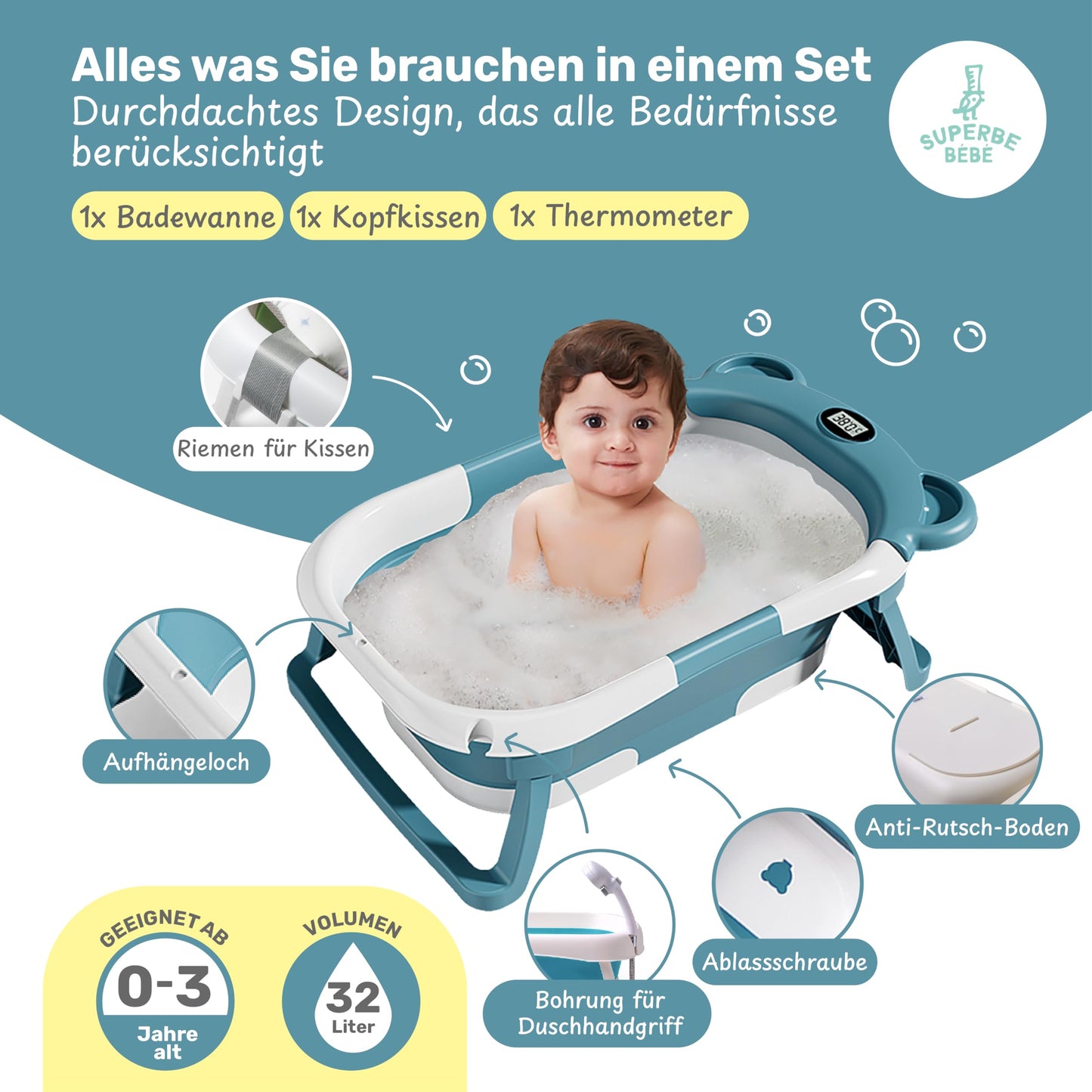 Faltbar Baby Badewanne Mit Rutschfestem Badekissen - Babywanne XXL Mit Baby Badewannensitz & Badethermometer - Von Der Geburt Bis 3 Jahre - Baby Bathtub - Geburtsgeschenke Für Mädchen & Jungen