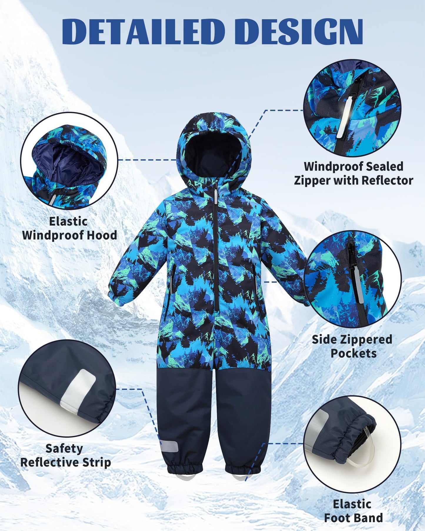 Owntop Children's Unisex Snow Suit Girls Boys Windproof Waterproof Ski Suit with Hood Zip 98-122