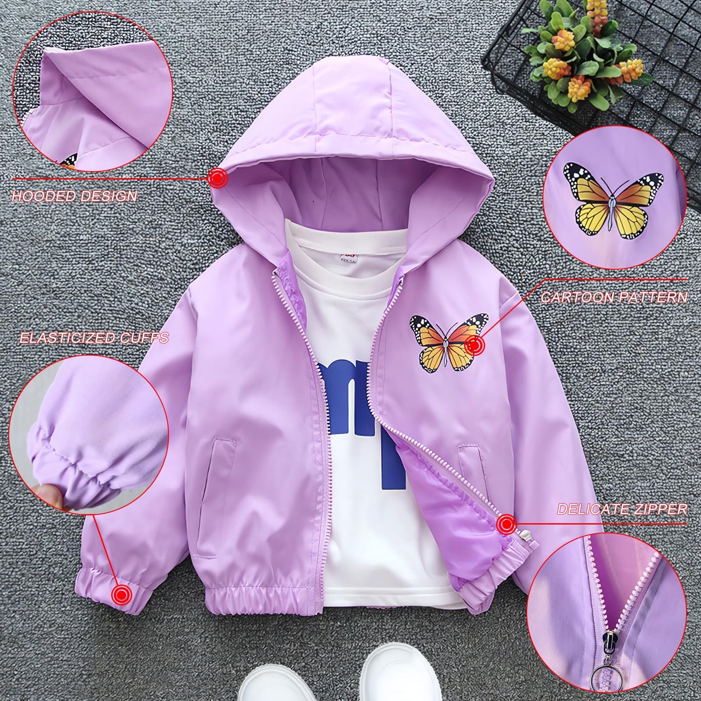SXSHUN Übergangsjacke Kinder Mädchen Outdoorjacke mit Schmetterlingsmuster Kinderjacke Süße Jacke