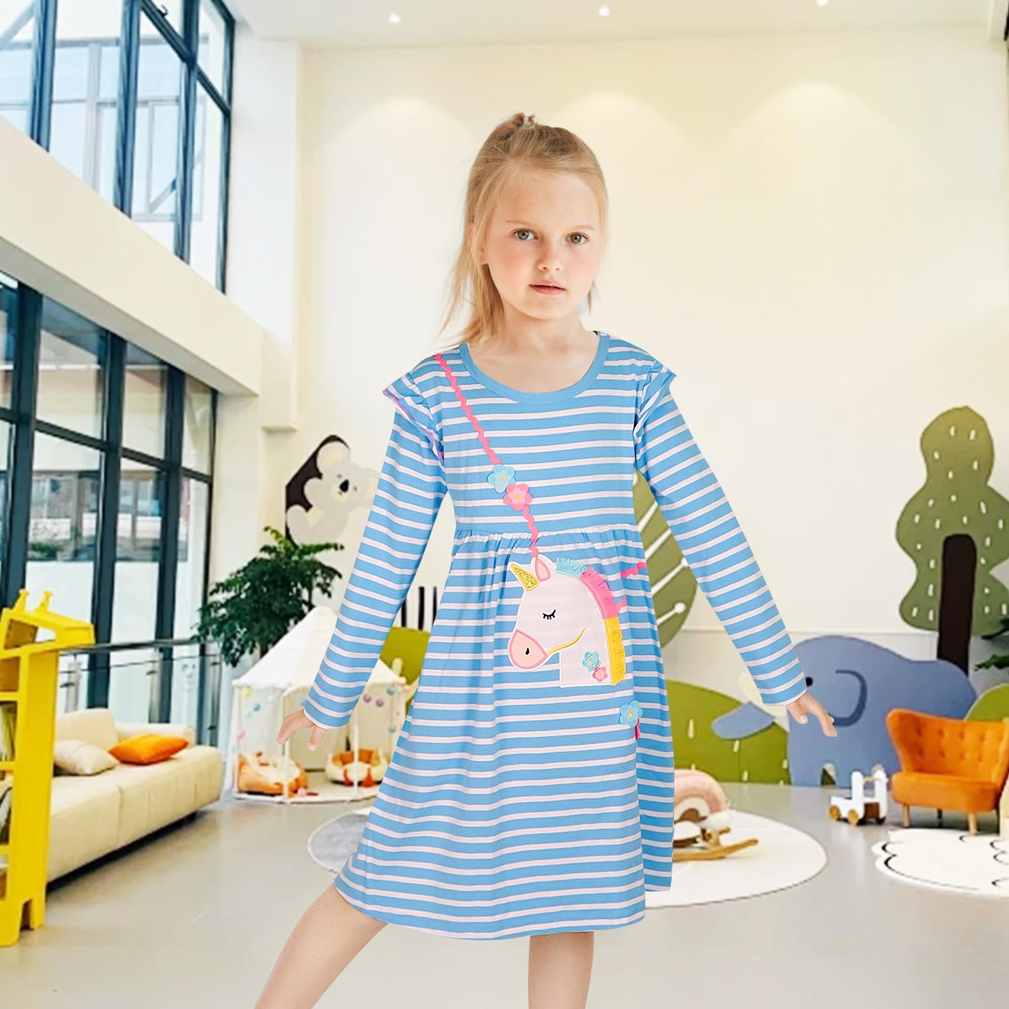 FILOWA Kleider für Mädchen Kinder Einhorn Blumen Stickerei Herz Druck Tier Sommerkleid Cartoon Kinderkleider Embroider Baumwolle Mädchenkleid Lange/Ärmellos Lässige Geburtstag Kinderkleidung,Gr.92-128