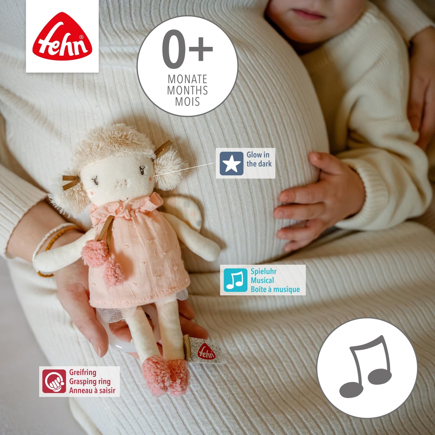 Fehn Mini-Spieluhr Fee – Kuscheltier & Einschlafhilfe: Aufzieh-Spieluhr mit sanfter Melodie „Schwanensee“ beruhigt in jeder Situation – für Babys und Kleinkinder ab 0+ Monaten