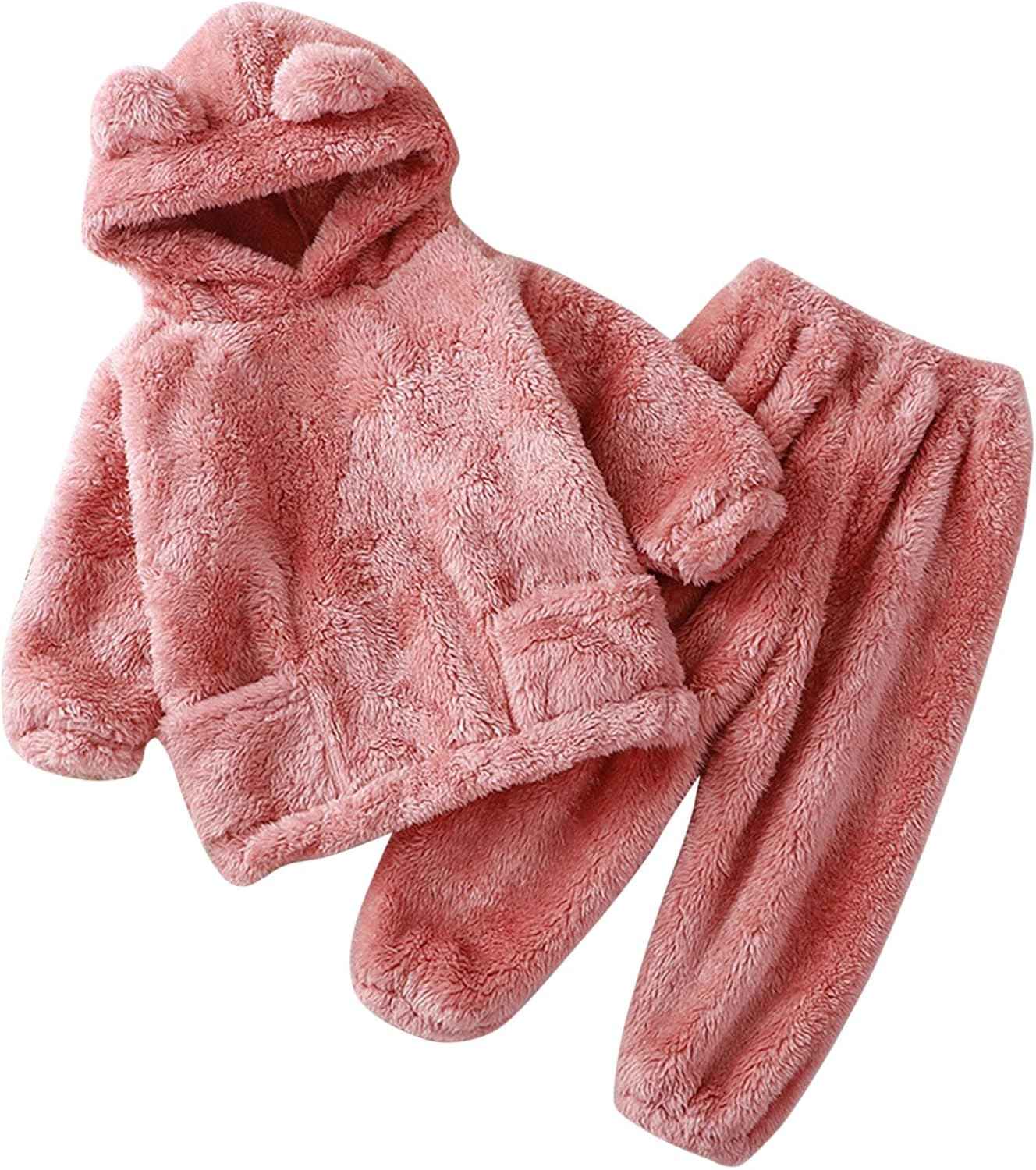 Fccrian Kleinkind Kinder Baby Mädchen Jungen Kleidung Winter Warm Kapuze Ohr Sweatshirt Tops und Hosen 2-teiliges Herbst-Outfits Pyjama Nachtwäsche Set Baby Pyjama einfarbig