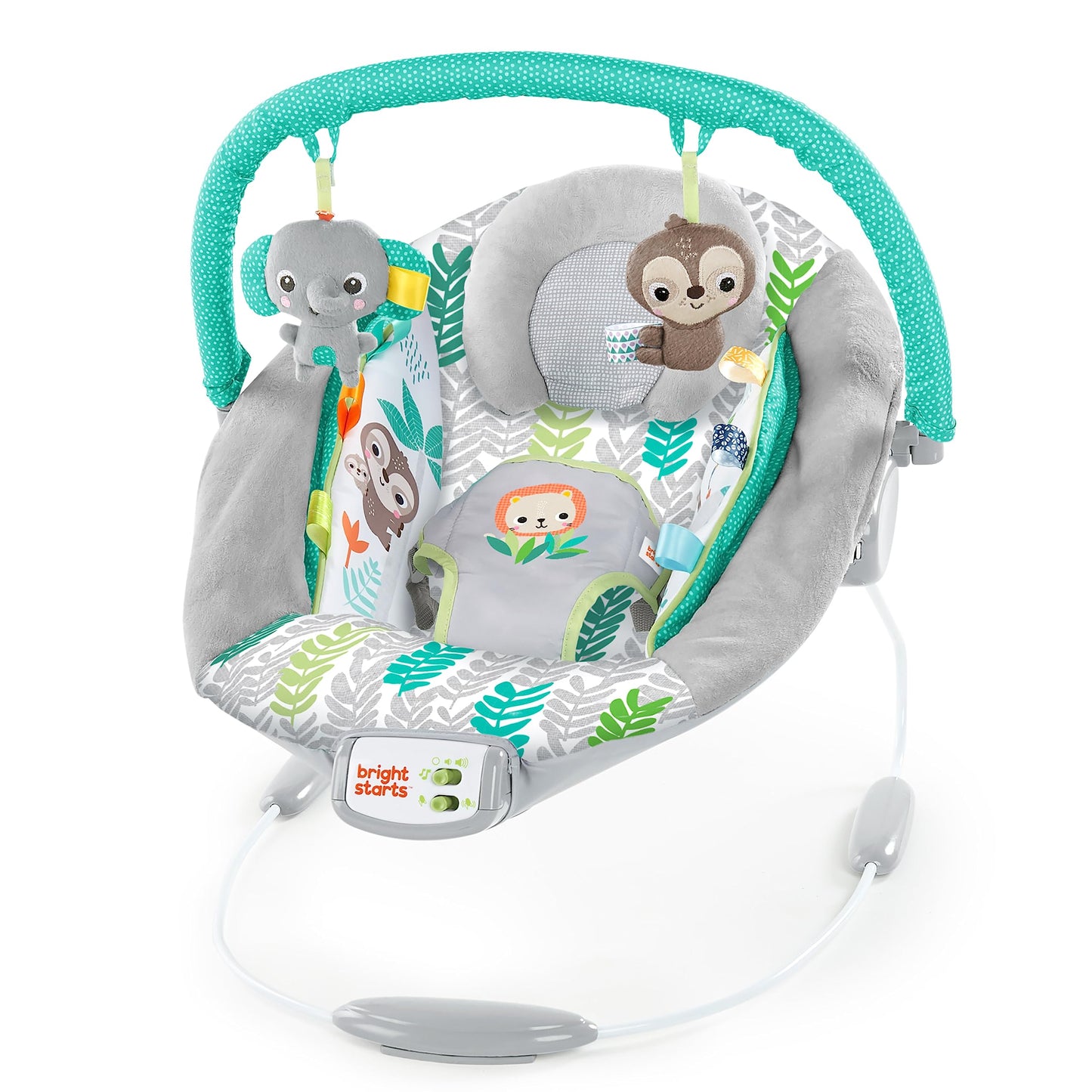 Bright Starts, Babywippe Babyschaukel mit beruhigenden Vibrationen, Babysitz, Musik, abnehmbarer Spielbügel, 0-6 Monate, bis zu 20 lbs (Whimsical Wild)