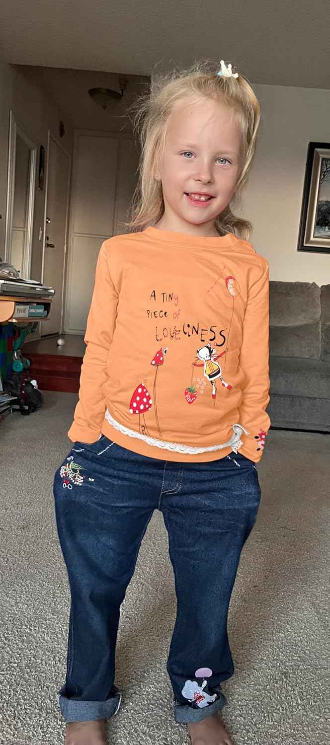 MAXIMGR Baby-Kleidung für Mädchen, Kleinkind, Mädchen, Herbst-Outfit, niedlich, langärmelig, Cartoon-Pullover, Denim-Hose, Sets für Herbst und Winter