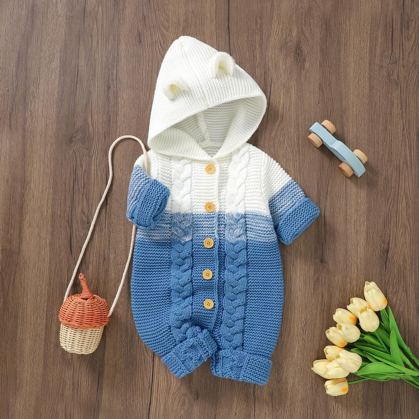 OBEEII Newborn Baby Knitted Romper Jumpsuit with Hood Ear Onesies Pullover Winter Warmer Onesie Bodysuit for Boys Girls