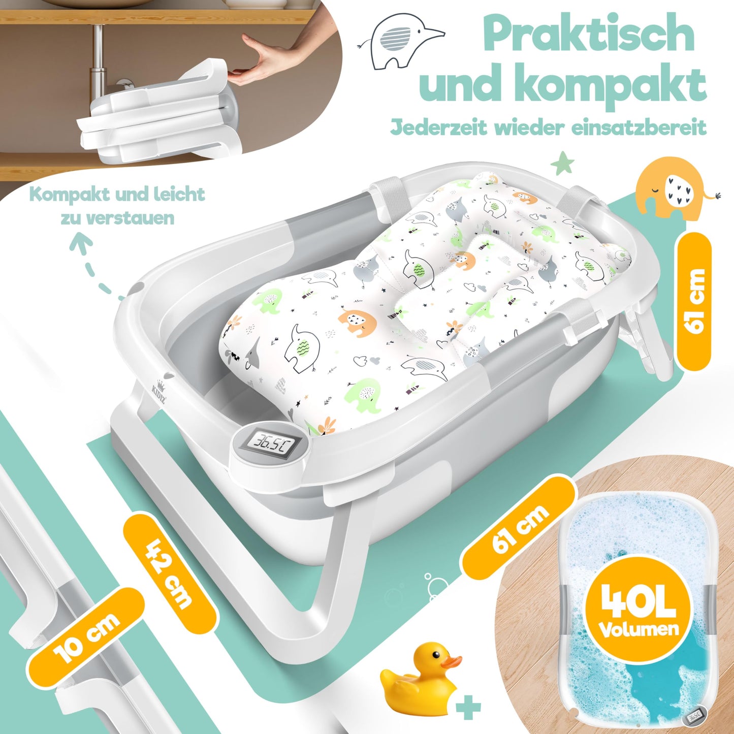 KIDIZ® Baby Bathtub, Baby Bathtub, Space-Saving & Foldable, Bath Tub, Shower Tray for Newborns, Toddlers, 0-24 Months, Portable Travel Shower for Babies, Ergonomic Bathtub with Thermostat and
